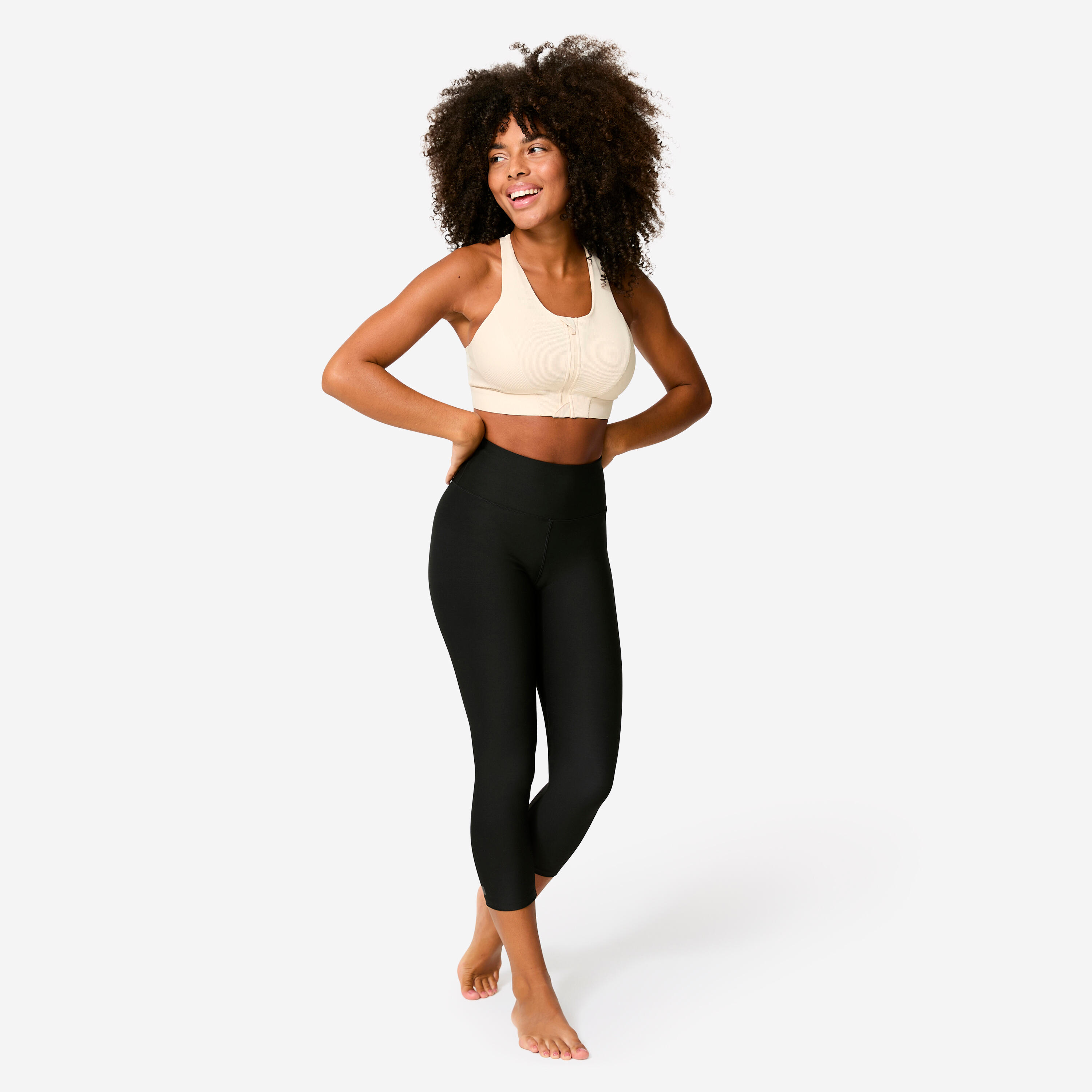 Women's Medium Support Ribbed Zip-Up Sports Bra - Beige 2/7