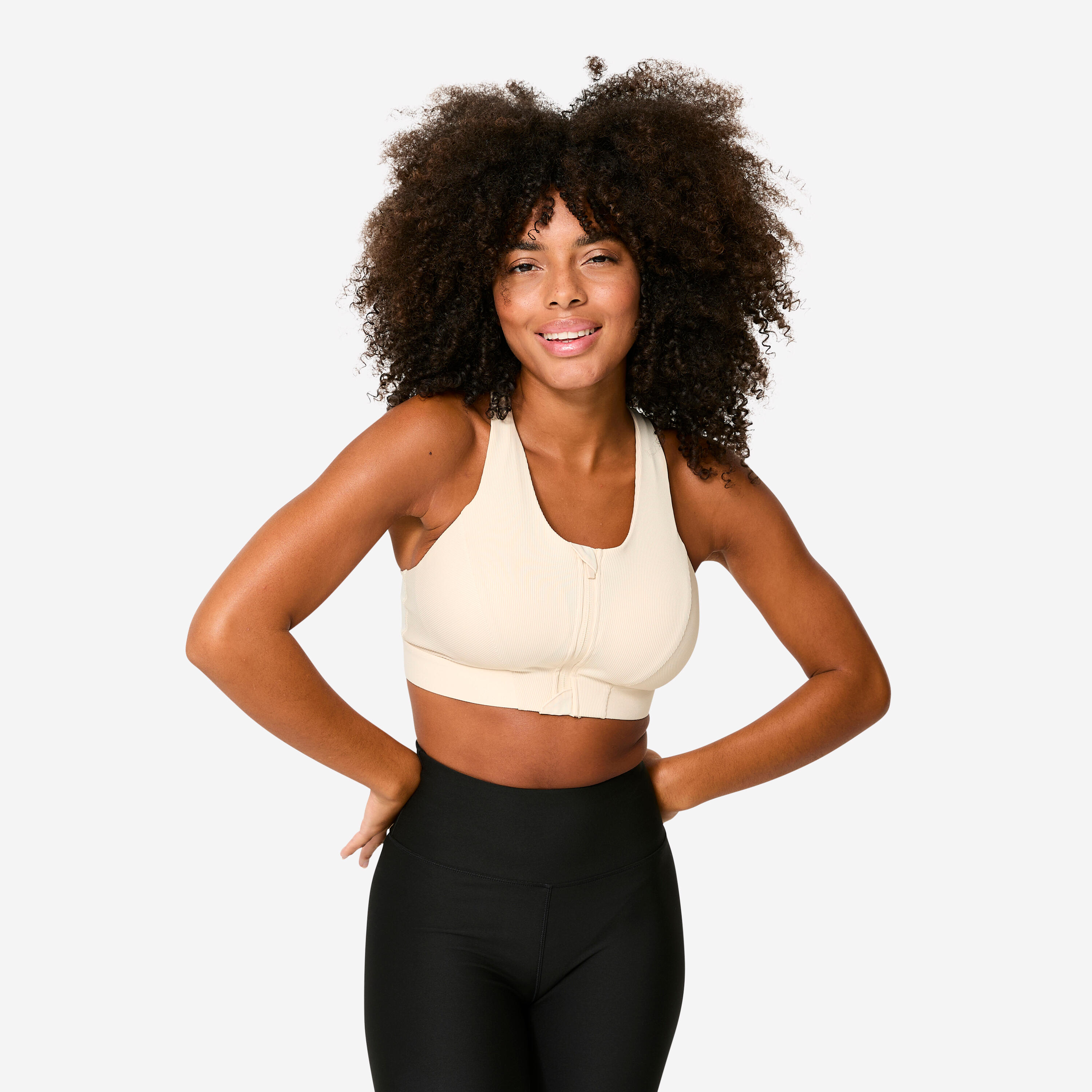 Brassiere de fitness de sujeción media acanalado con cierre beige para mujer 12/15