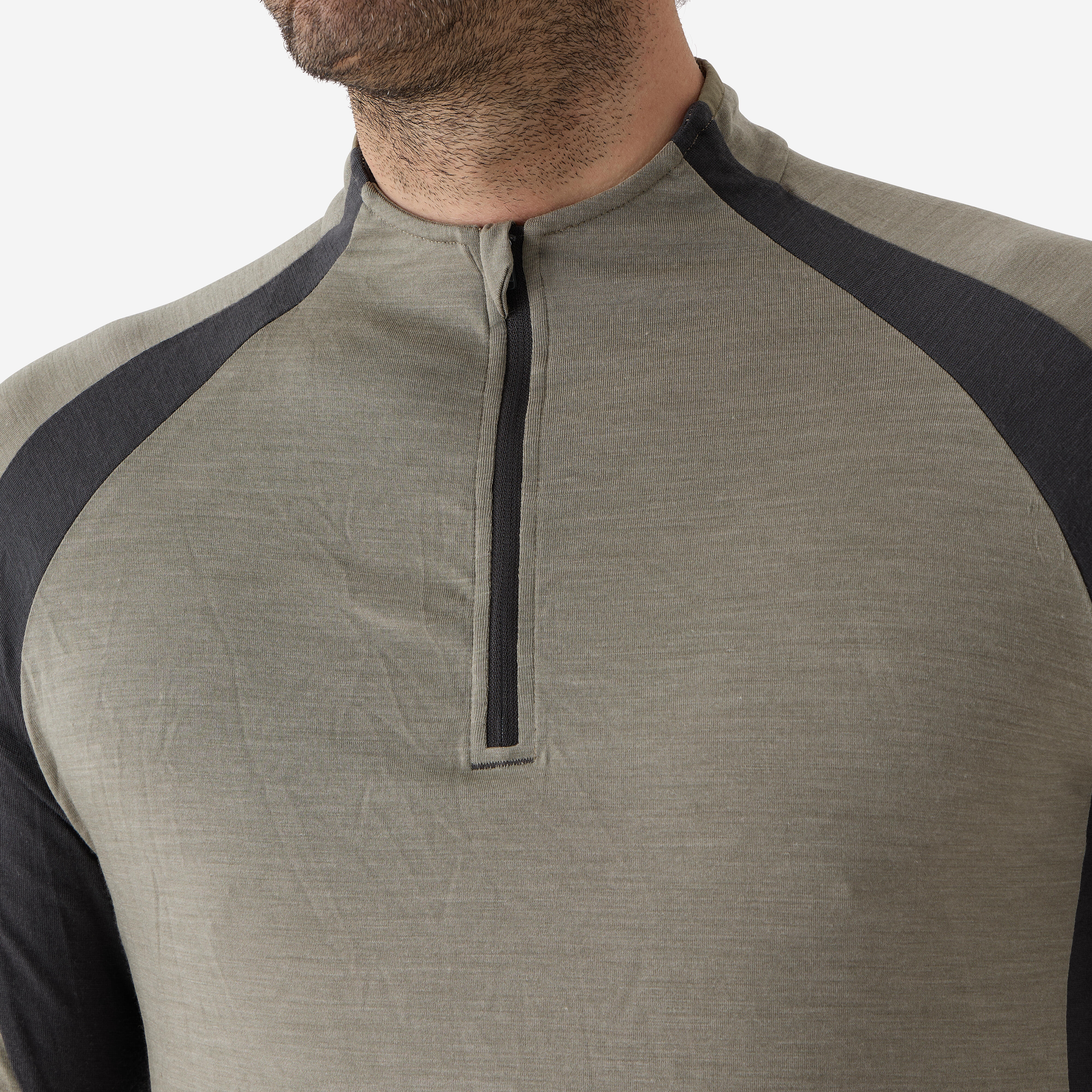 Men Long-sleeved Breathable Merino Wool Zipped T-shirt - 900 Green - SOLOGNAC