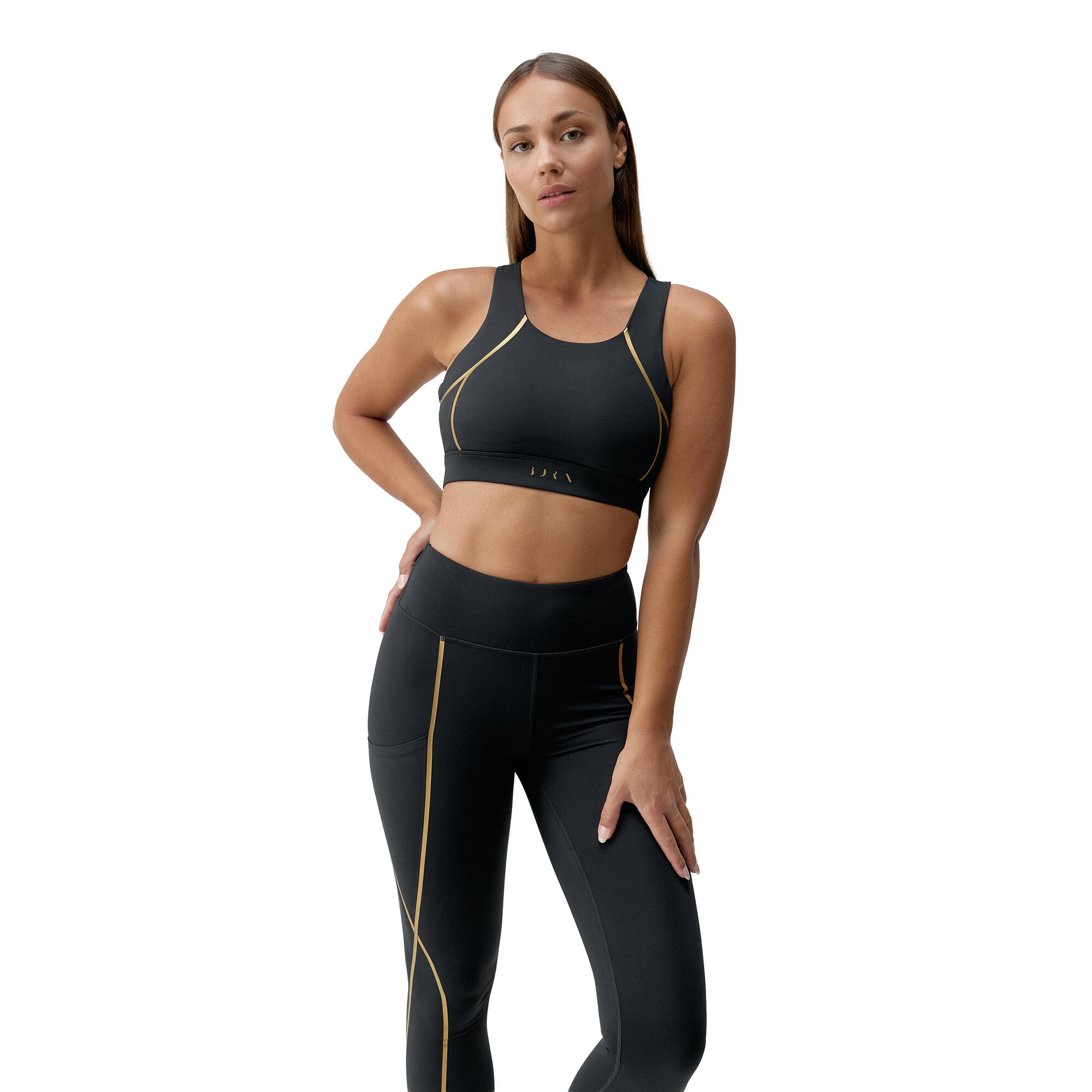 Sujetador deportivo sujeción alta Mujer Born living yoga negro con dorado 3/4