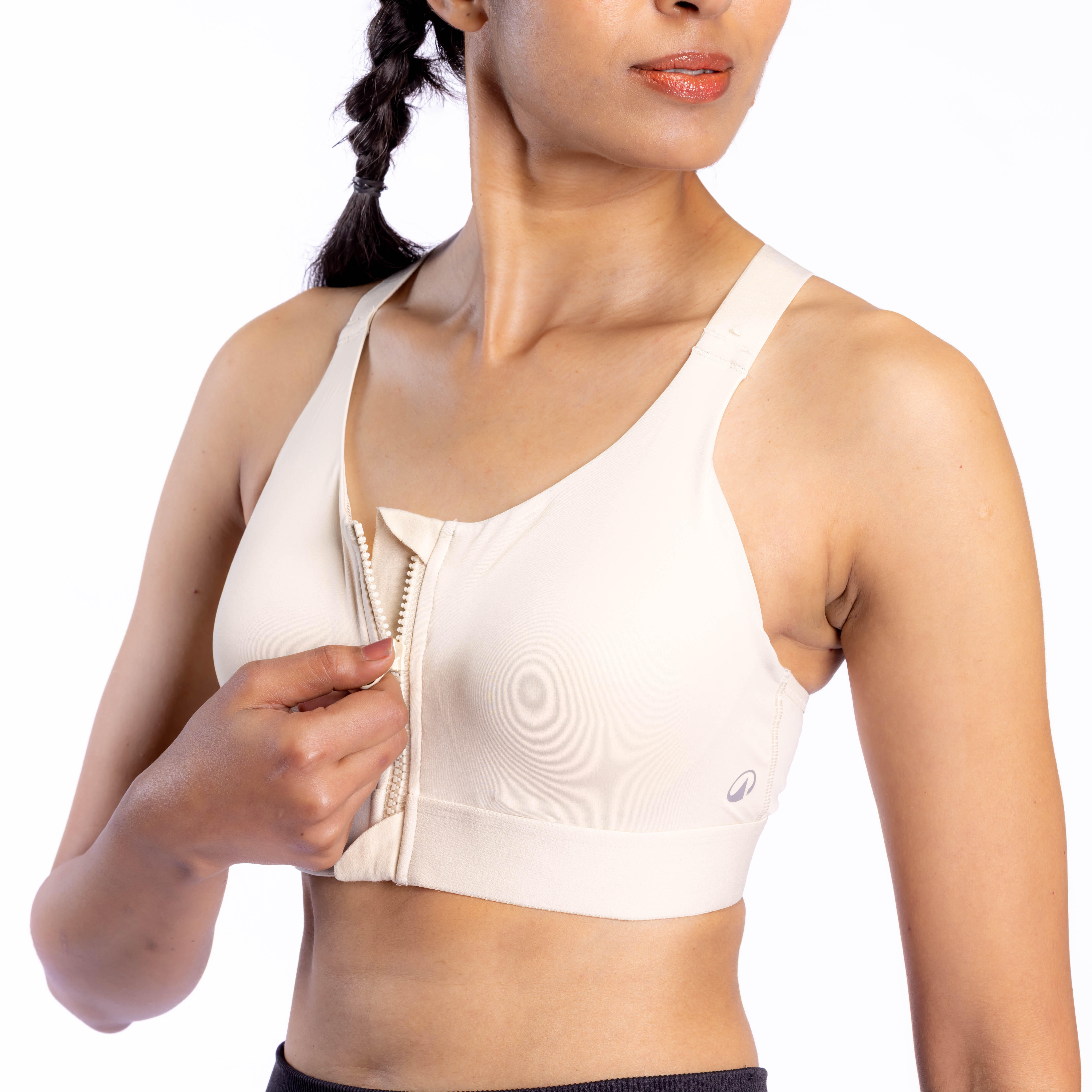 Women Sports Bra, Padded with Zip Detailing, High Support - Beige