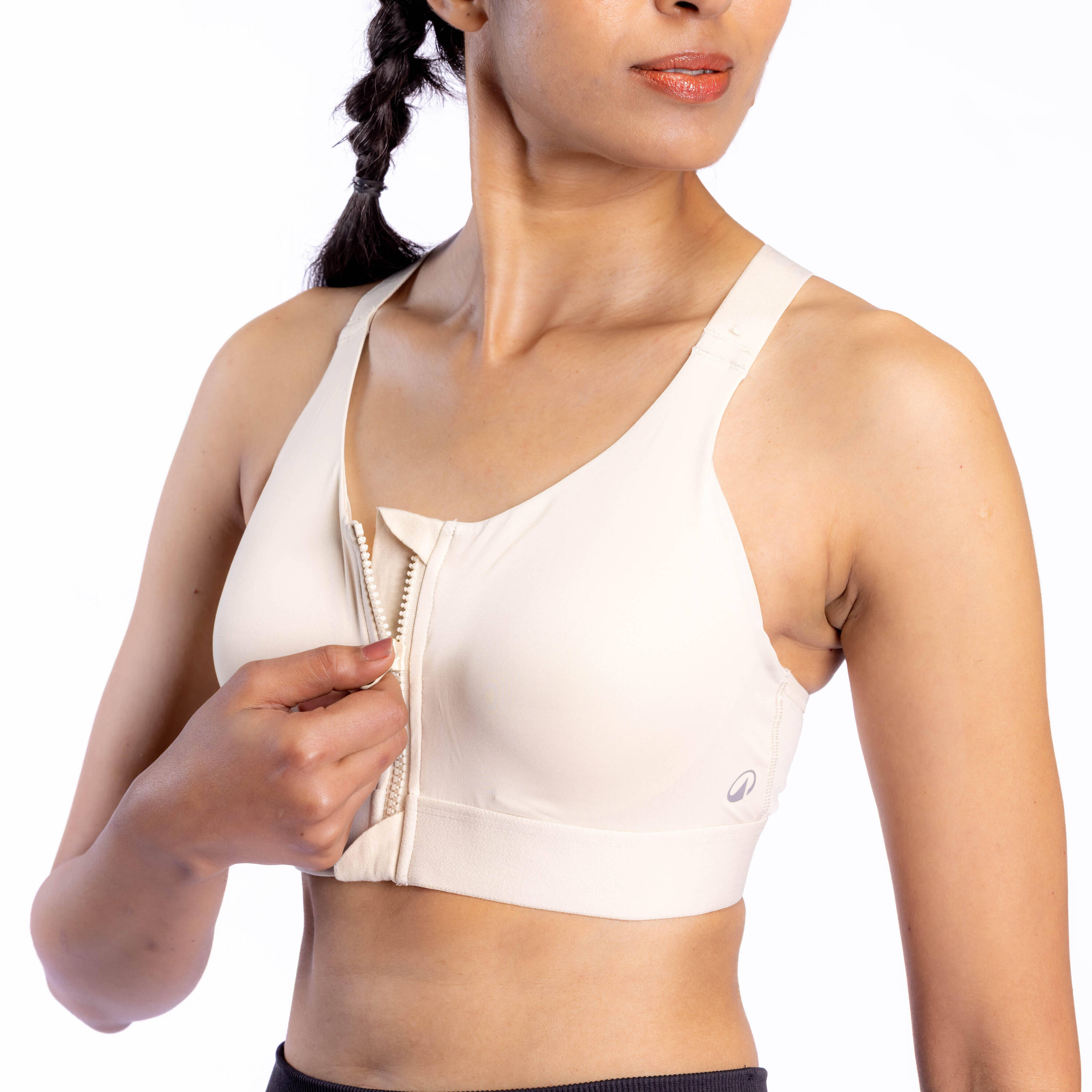 Women Sports Bra, Padded with Zip Detailing, High Support - Beige -  2