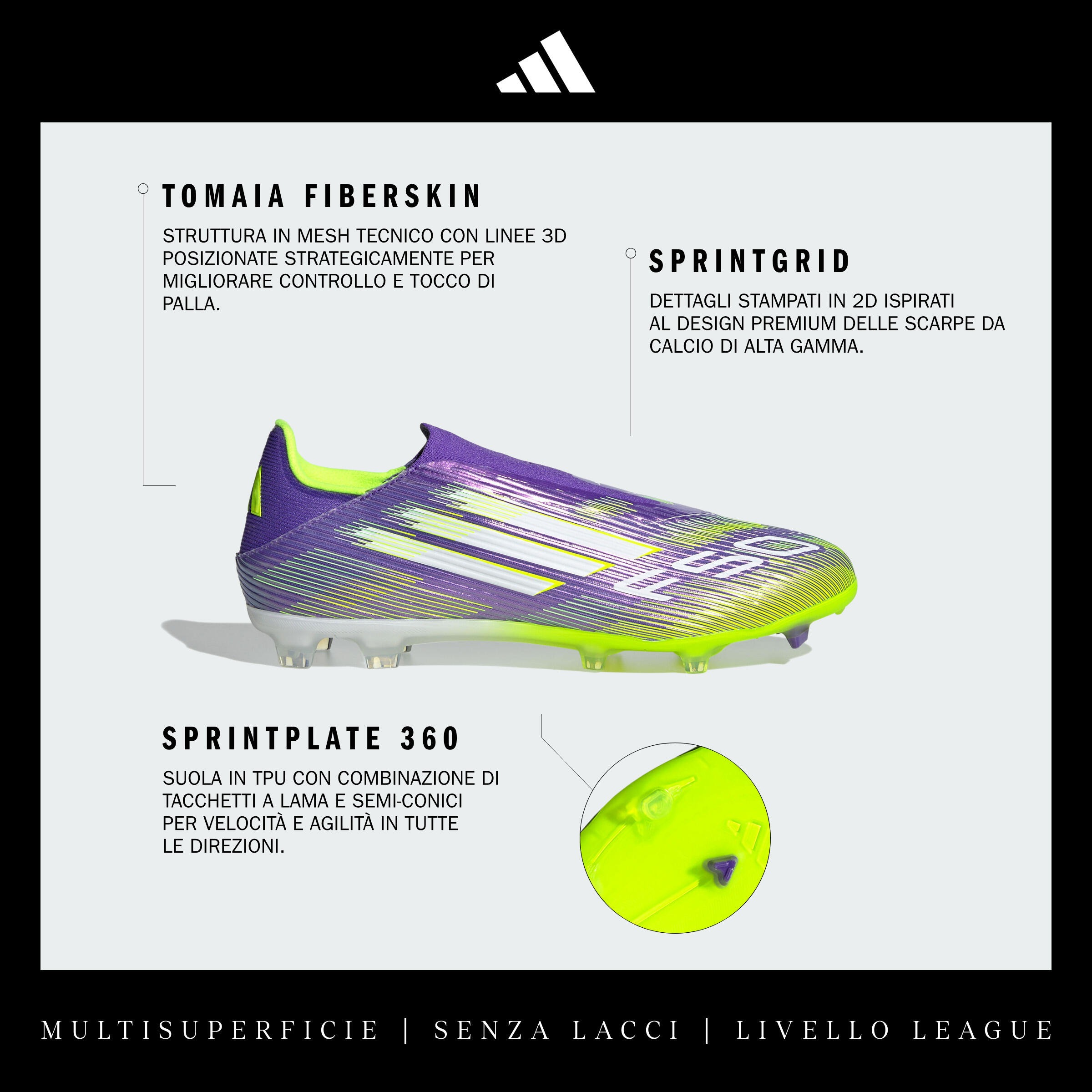 Scarpe calcio adulto F50 LEAGUE LACELESS FG/MG viola gialle 3/13
