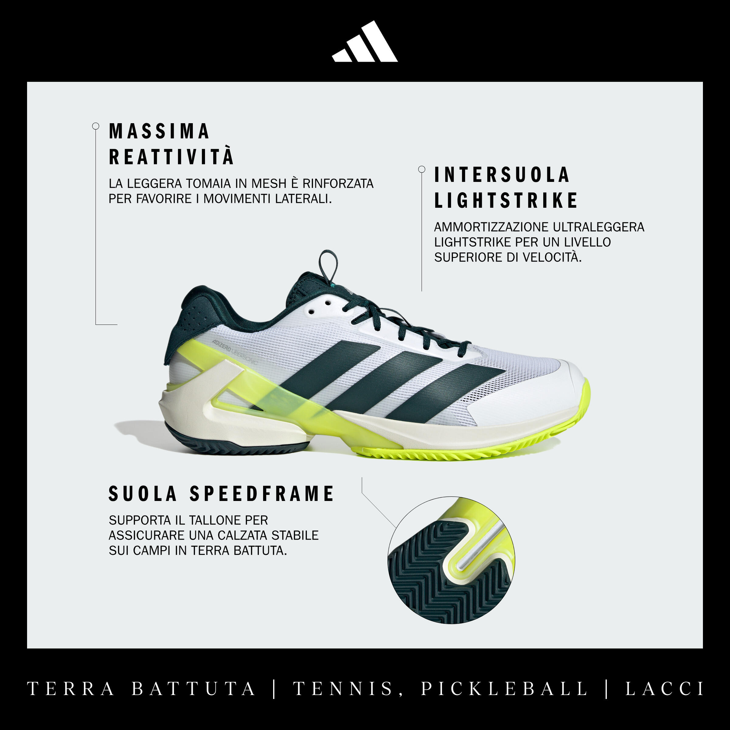 Scarpe tennis uomo ADIDAS ADIZERO UBERSONIC 5 bianco-verde 3/8