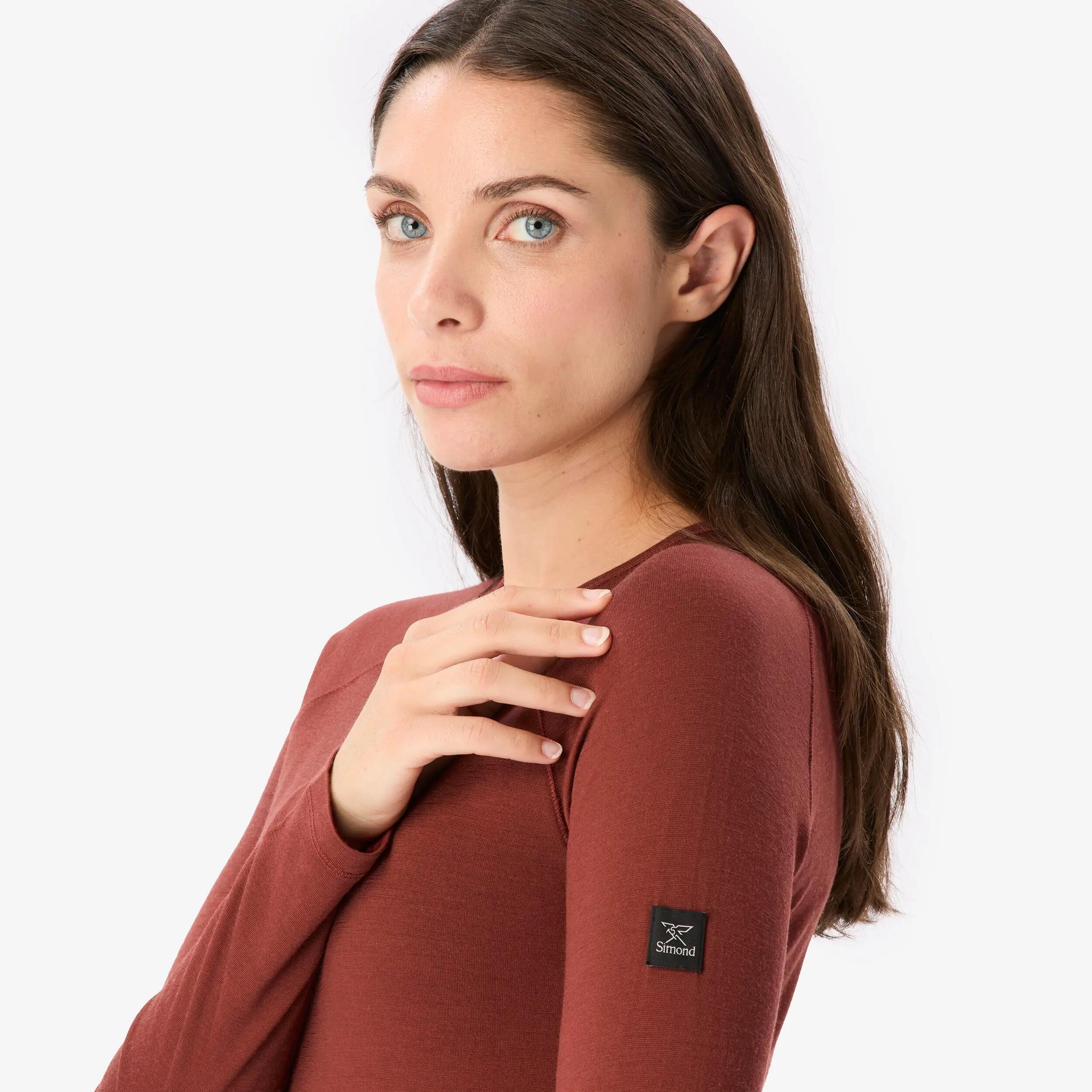 Camiseta manga larga 100% lana merina mujer, Merino 100% marrón  3/8