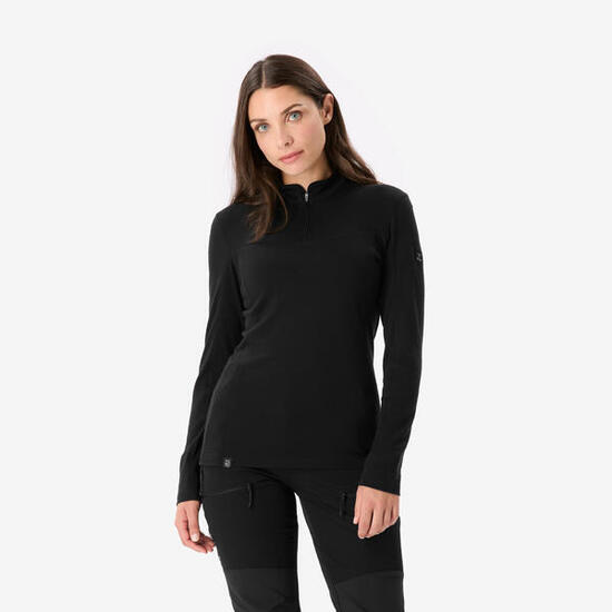 T-shirt manches longues à col zip en laine mérinos femme, Merino Resist