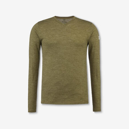 Футболка чоловіча для трекінгу з довгими рукавами з мериносової вовни хакі