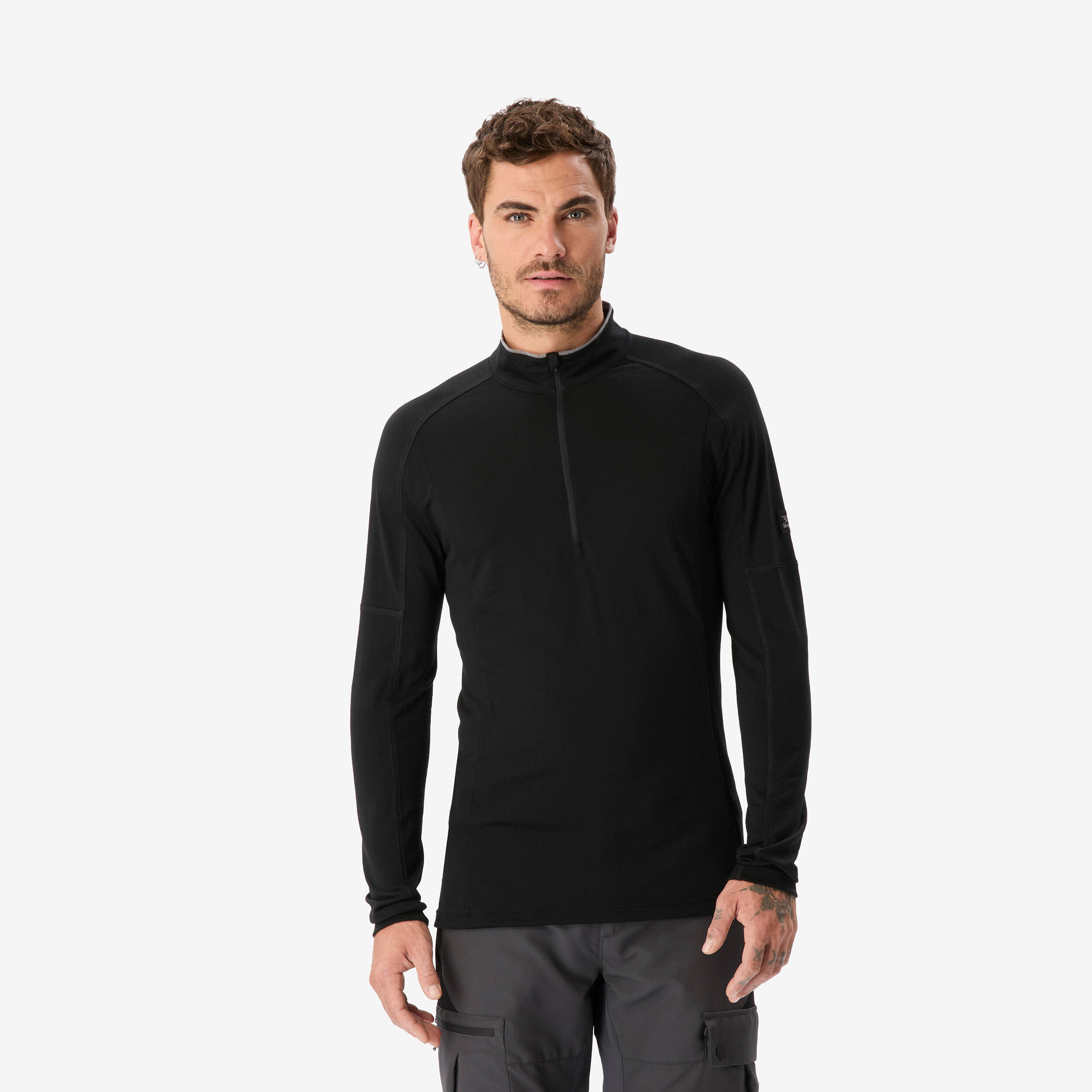Men’s merino wool long-sleeved T-shirt with zip collar Merino Resist - Black-image-22