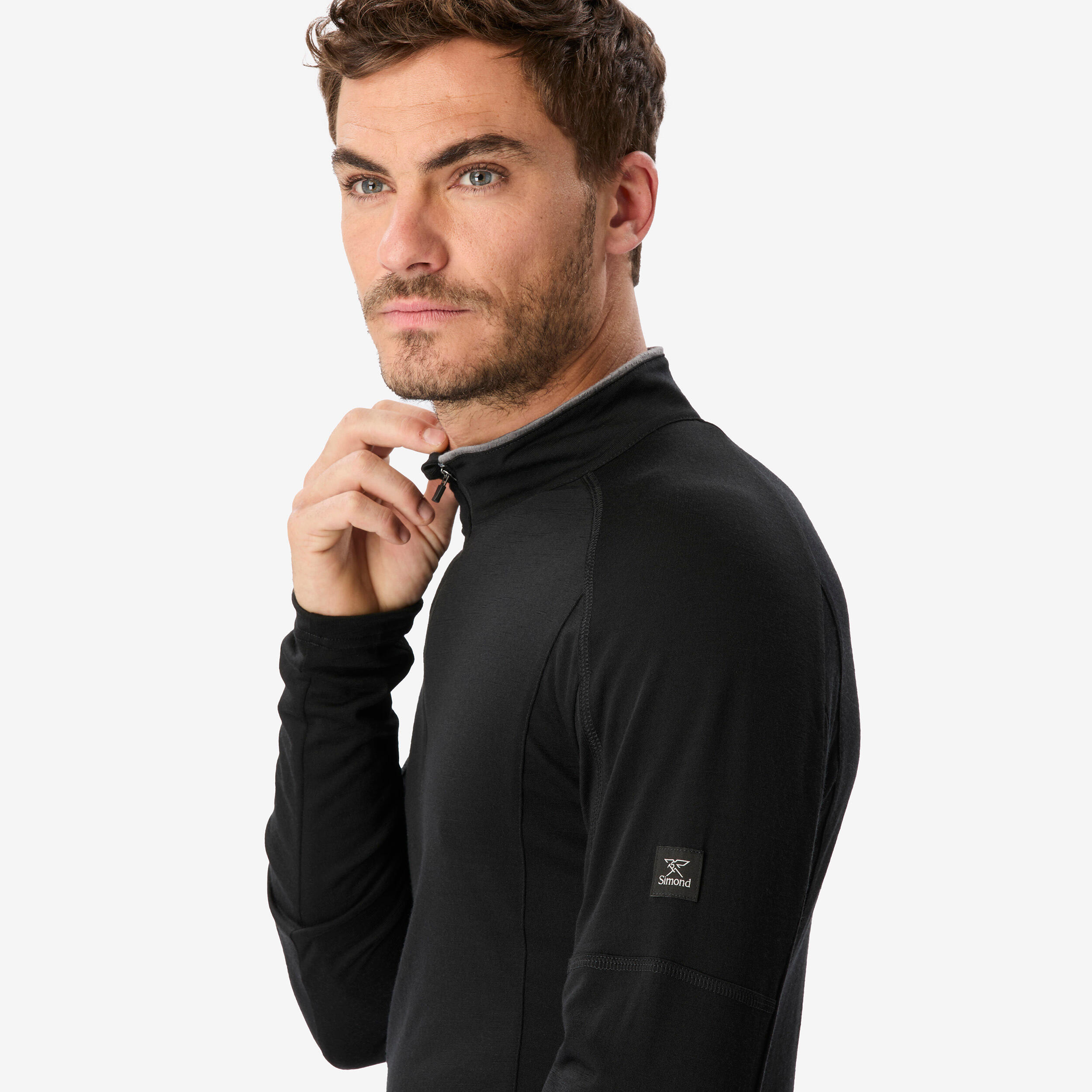 Men’s Merino Wool Long-Sleeved T-Shirt with Zip Collar, Merino Resist - SIMOND