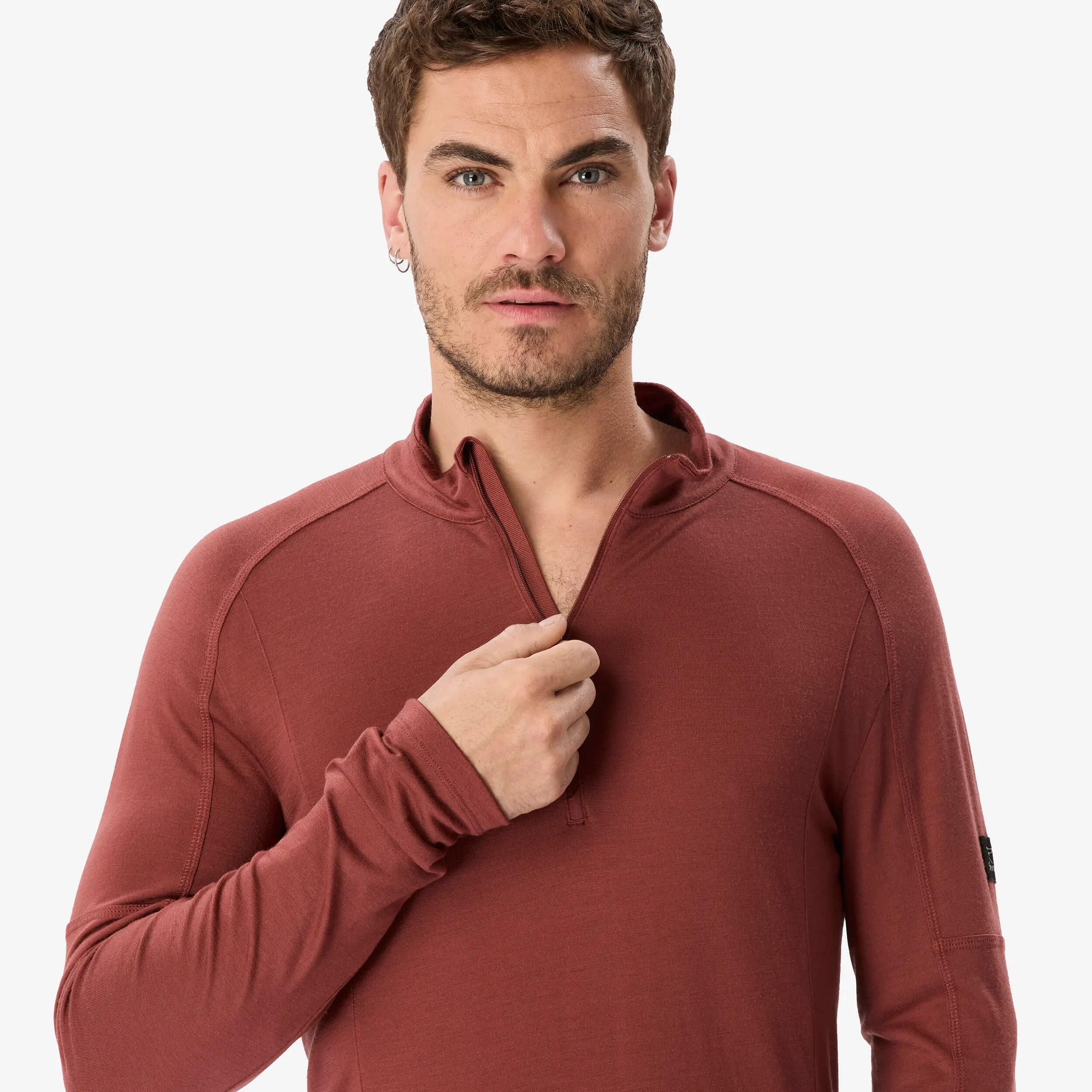 T-shirt manches longues à col zip en laine mérinos homme, Merino Resist bordeaux 3/9
