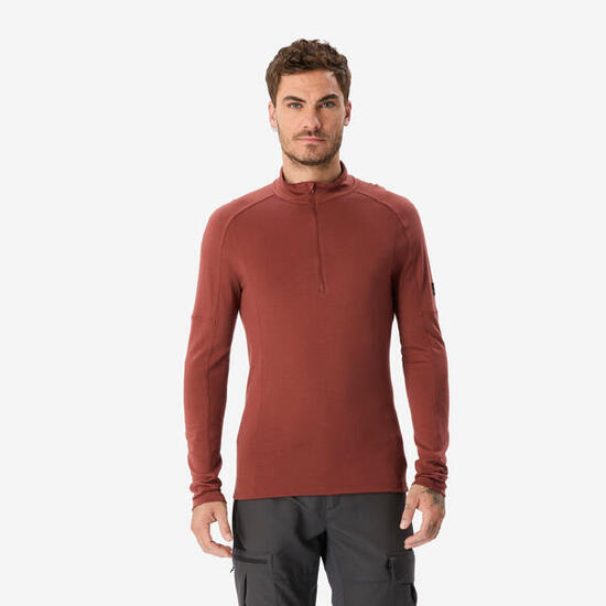 T-shirt manches longues à col zip en laine mérinos homme, Merino Resist bordeaux