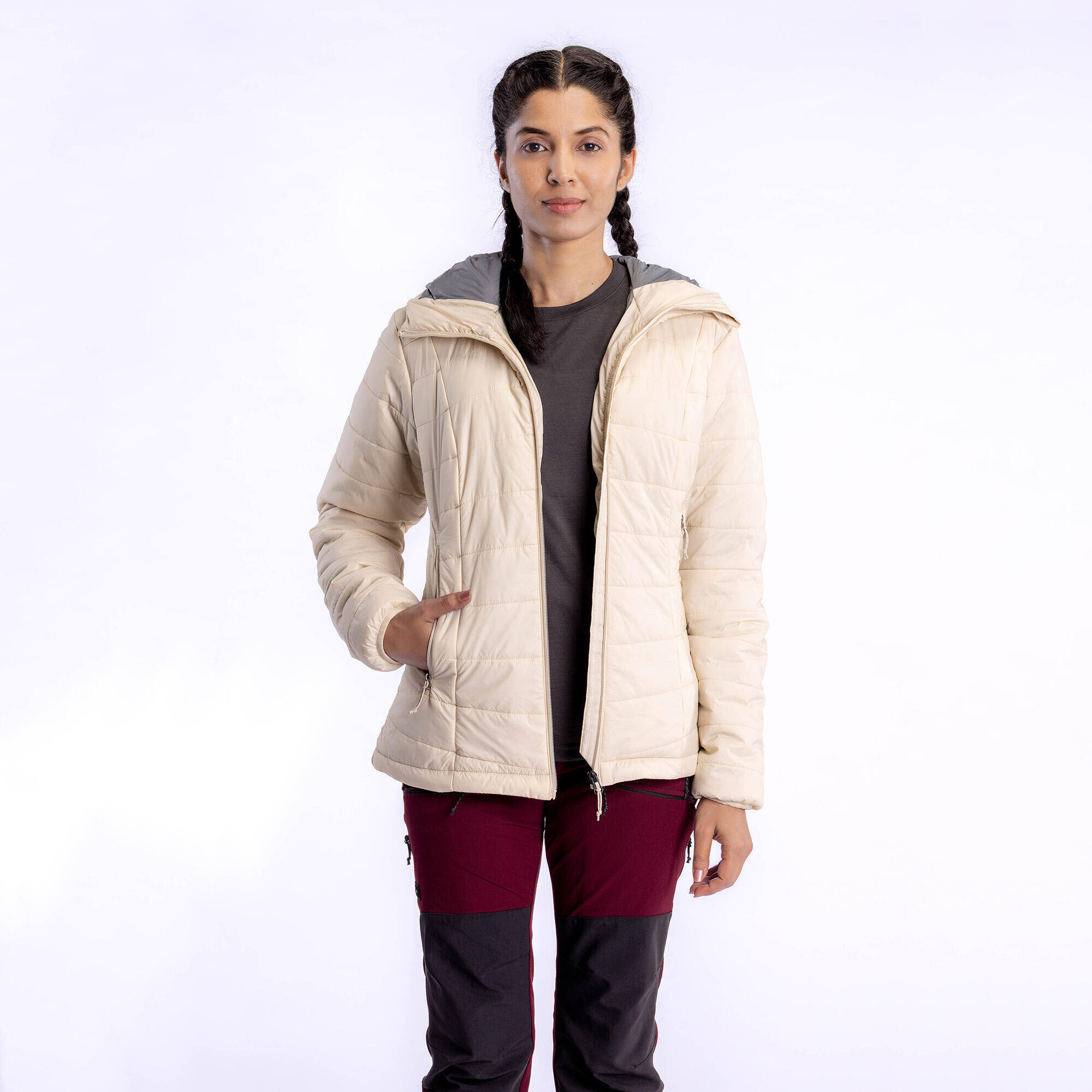 Women Warm Puffer Jacket with hood for mountain trekking- MT100 -5°C - Beige -  1
