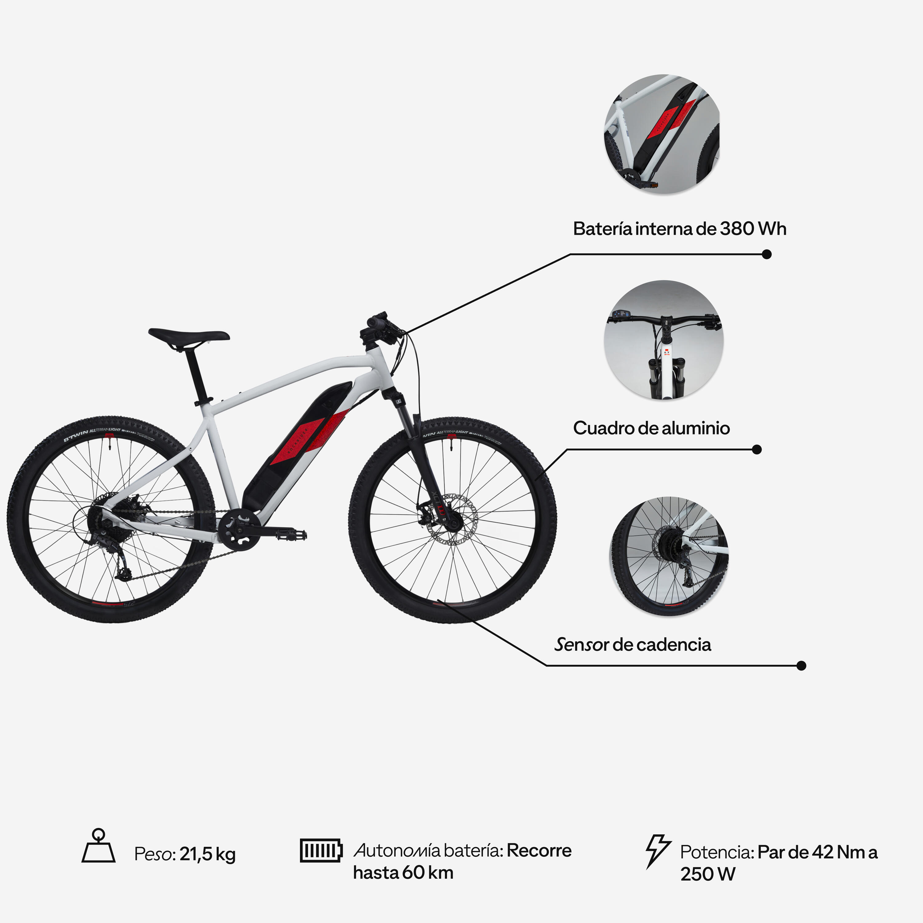 Bicicleta eléctrica MTB Rockrider E-ST 100 Blanco Rojo 27,5" 380 Wh 2/10