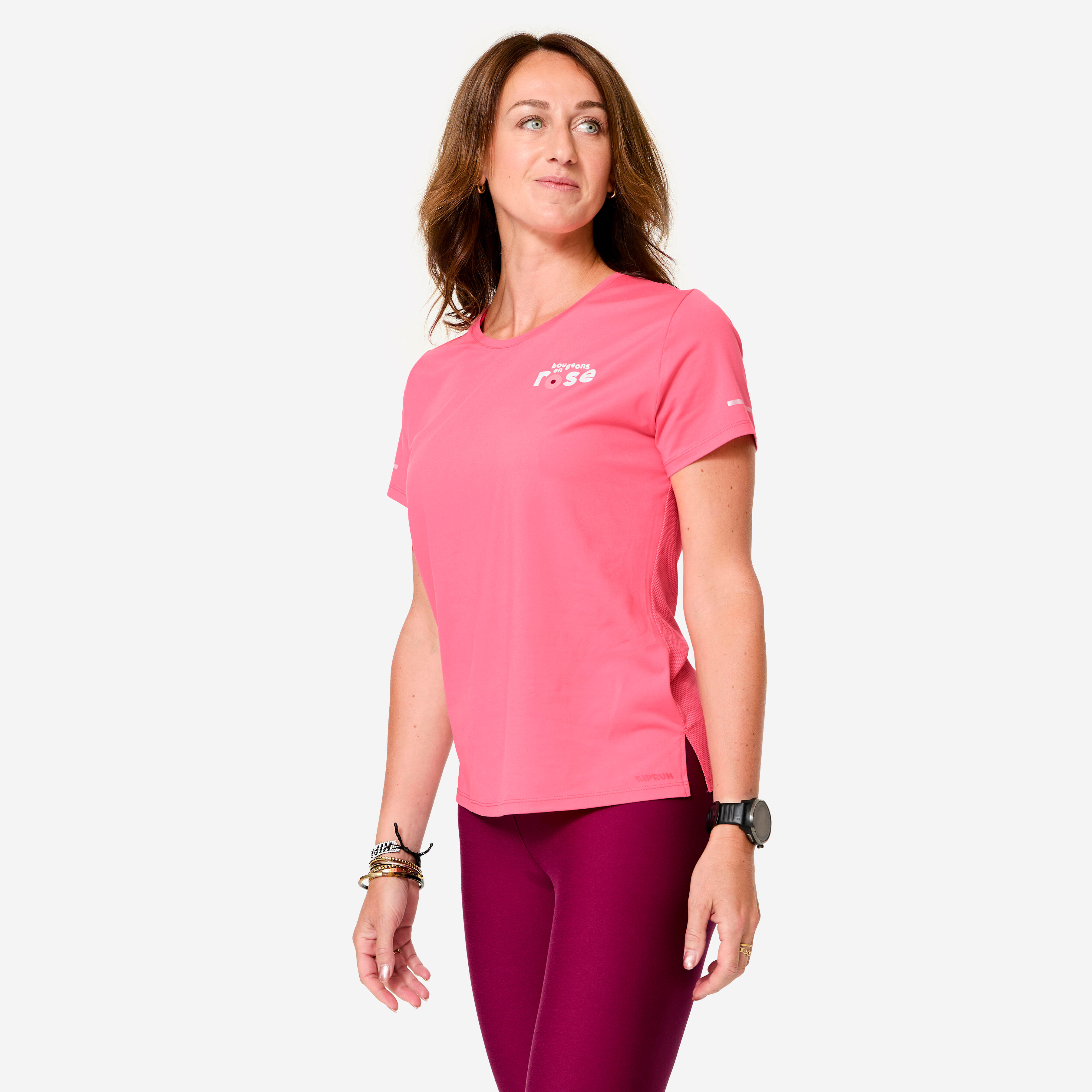 T-shirt running respirant Femme, Run 500 Dry édition limitée "Bougeons en rose"