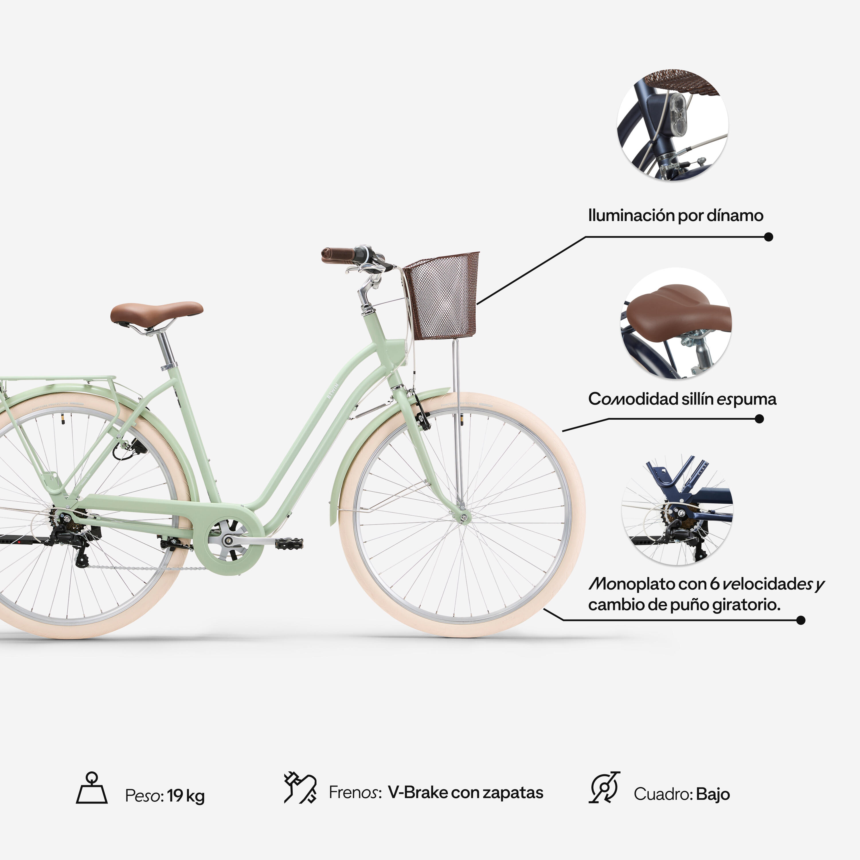 Bicicleta urbana clásica cuadro bajo 28 pulgadas 6 V Elops 520 verde almendra 2/7