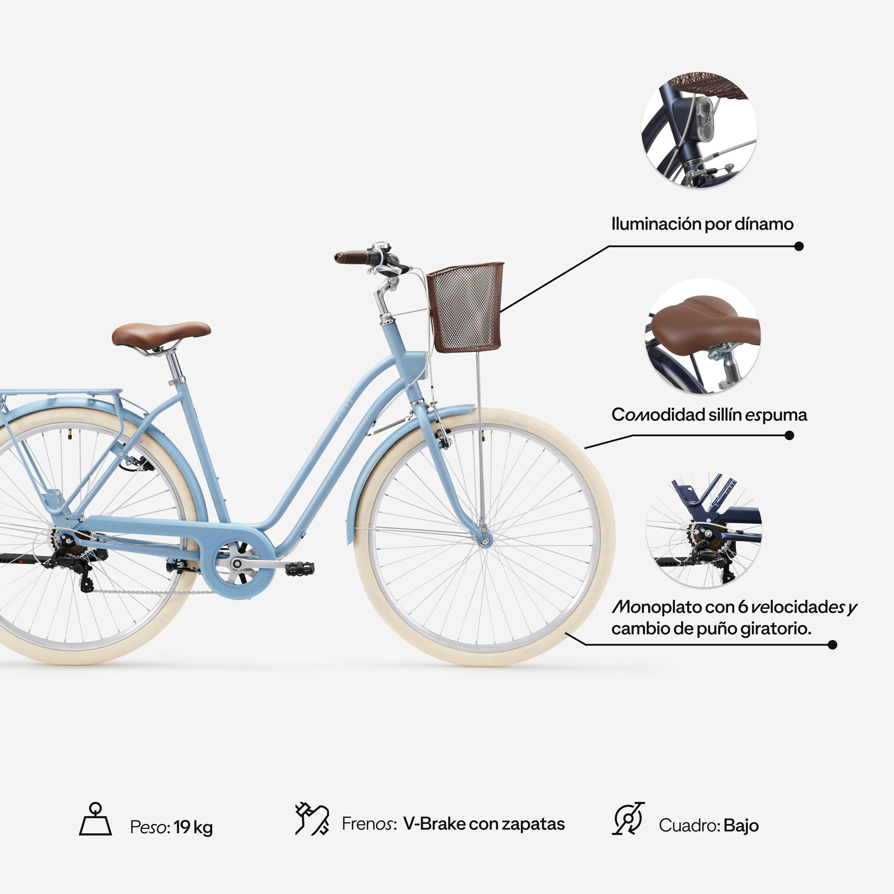 Bicicleta urbana clásica cuadro bajo 28 pulgadas 6 V Elops 520 azul 2/9