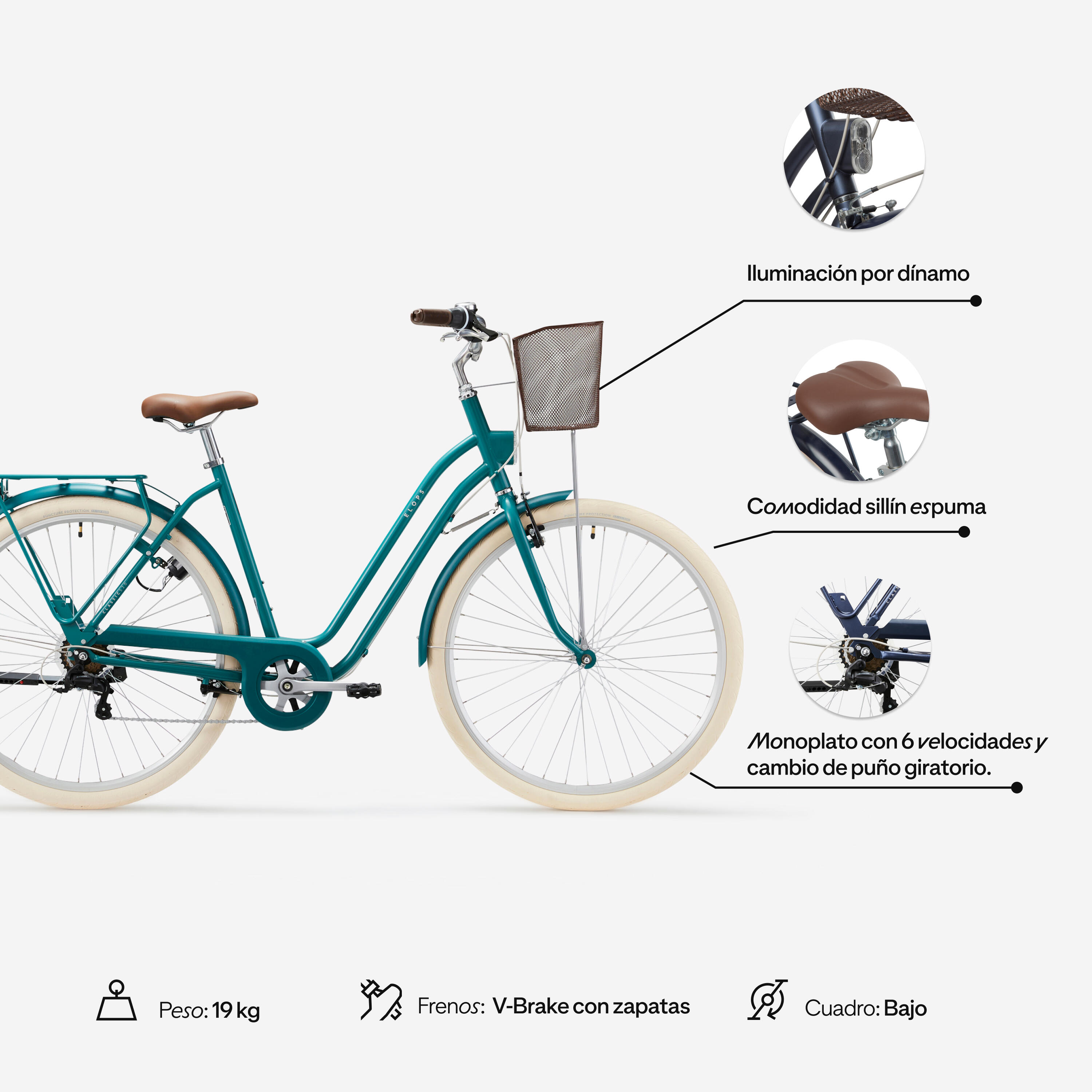 Bicicleta urbana clásica cuadro bajo 28 pulgadas 6 V Elops 520 verde 2/8