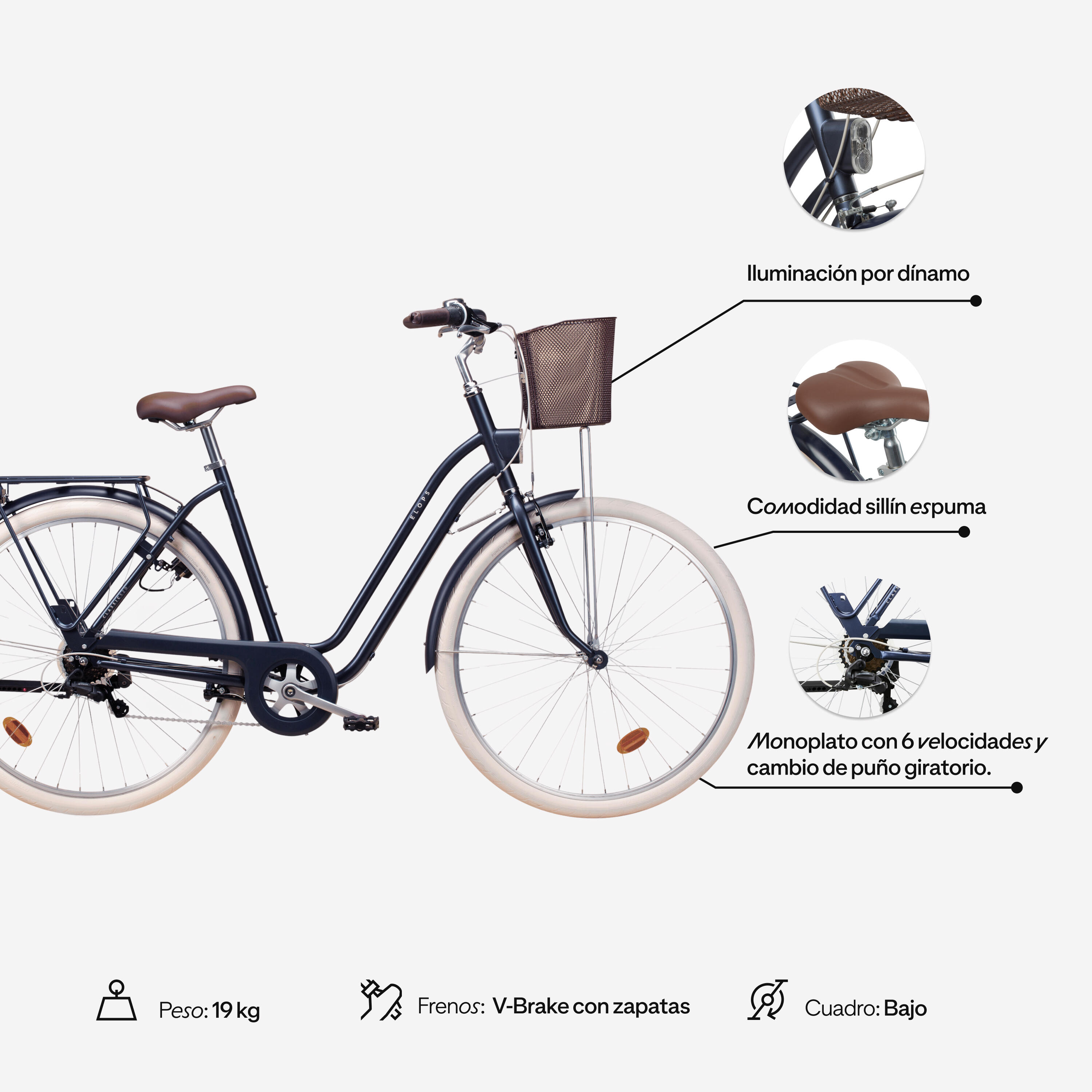 Bicicleta urbana clásica cuadro bajo 28 pulgadas 6 V Elops 520 azul oscuro 2/7