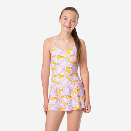 Maillot de bain 1 pièce natation jupette Fille enfant, Lila ama blanc