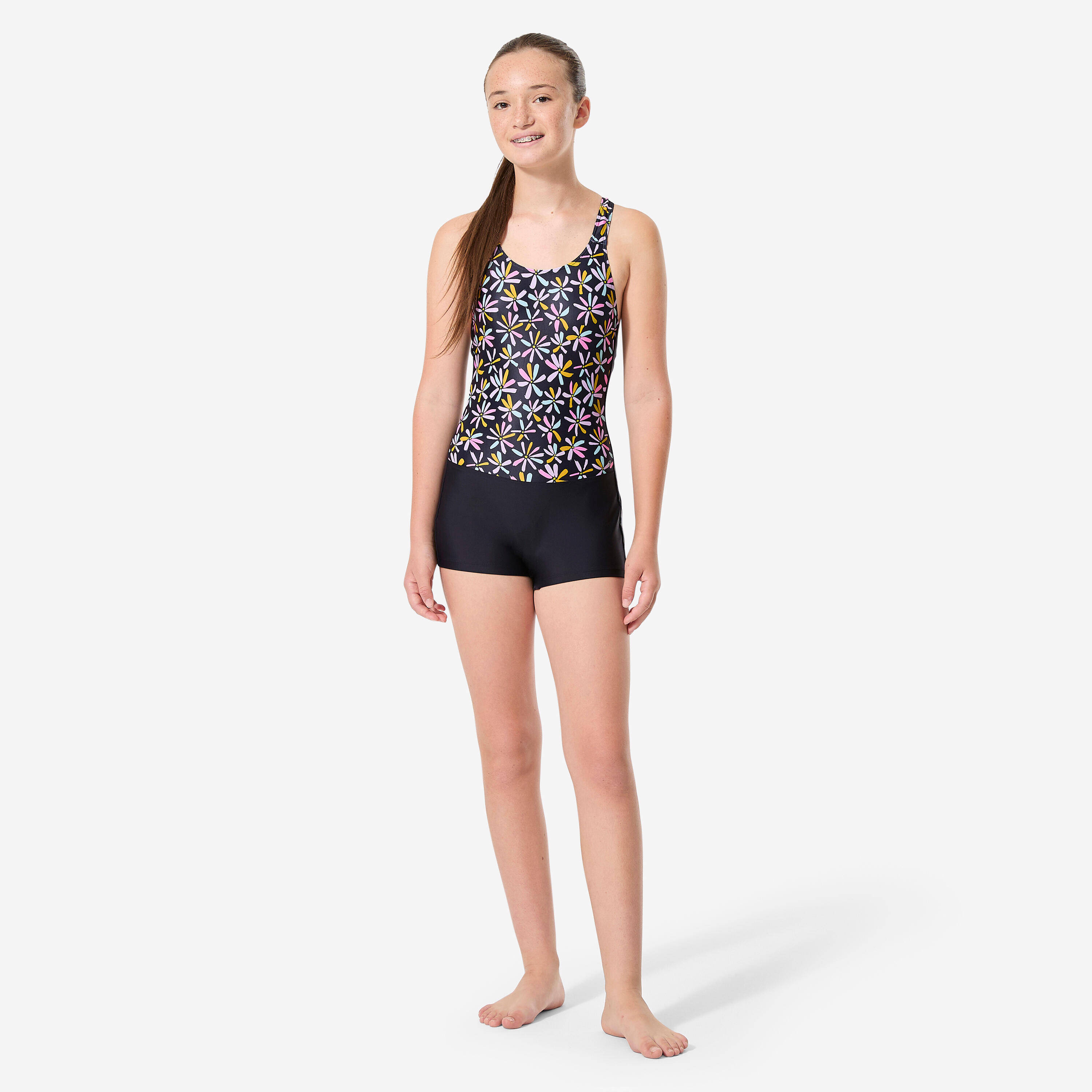 Girls’ swimming 1-piece shorty swimsuit, Vega champ black -  2