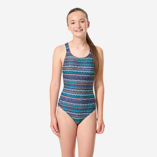 Maillot de bain 1 pièce natation fille ado, Vega rayures bleu