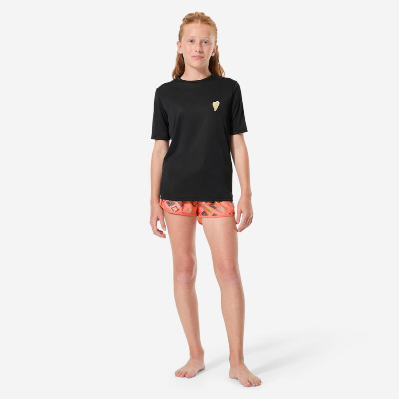 Tricou anti-UV surf 100 UPF50+, UV>95% Love Negru Copii
