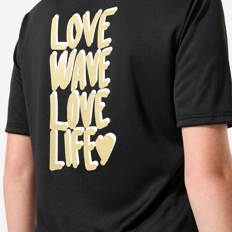 Tricou anti-UV surf 100 UPF50+, UV>95% Love Negru Copii