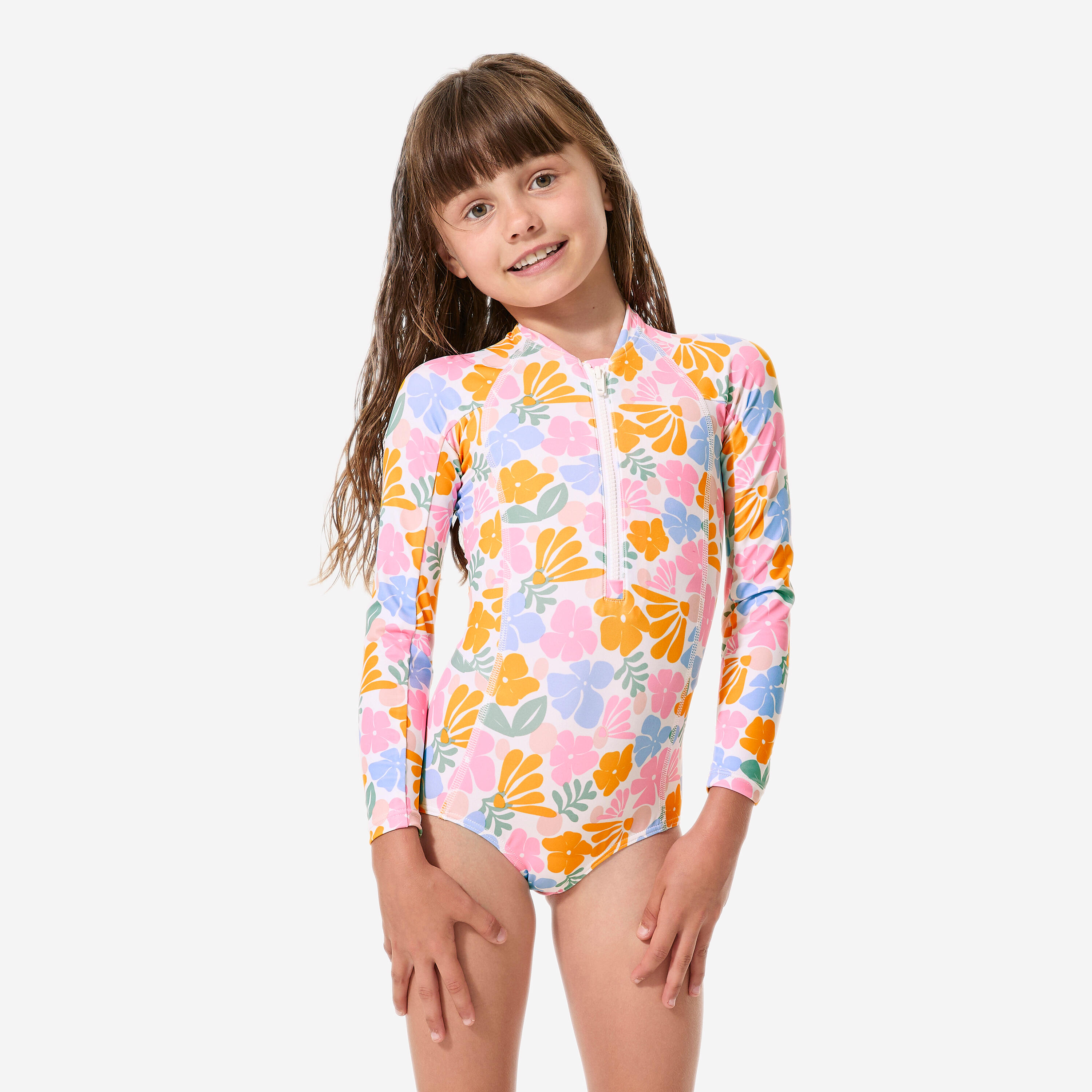 Girls’ surfing long sleeve UV-protection 1-piece swimsuit, Loulou vahiné white