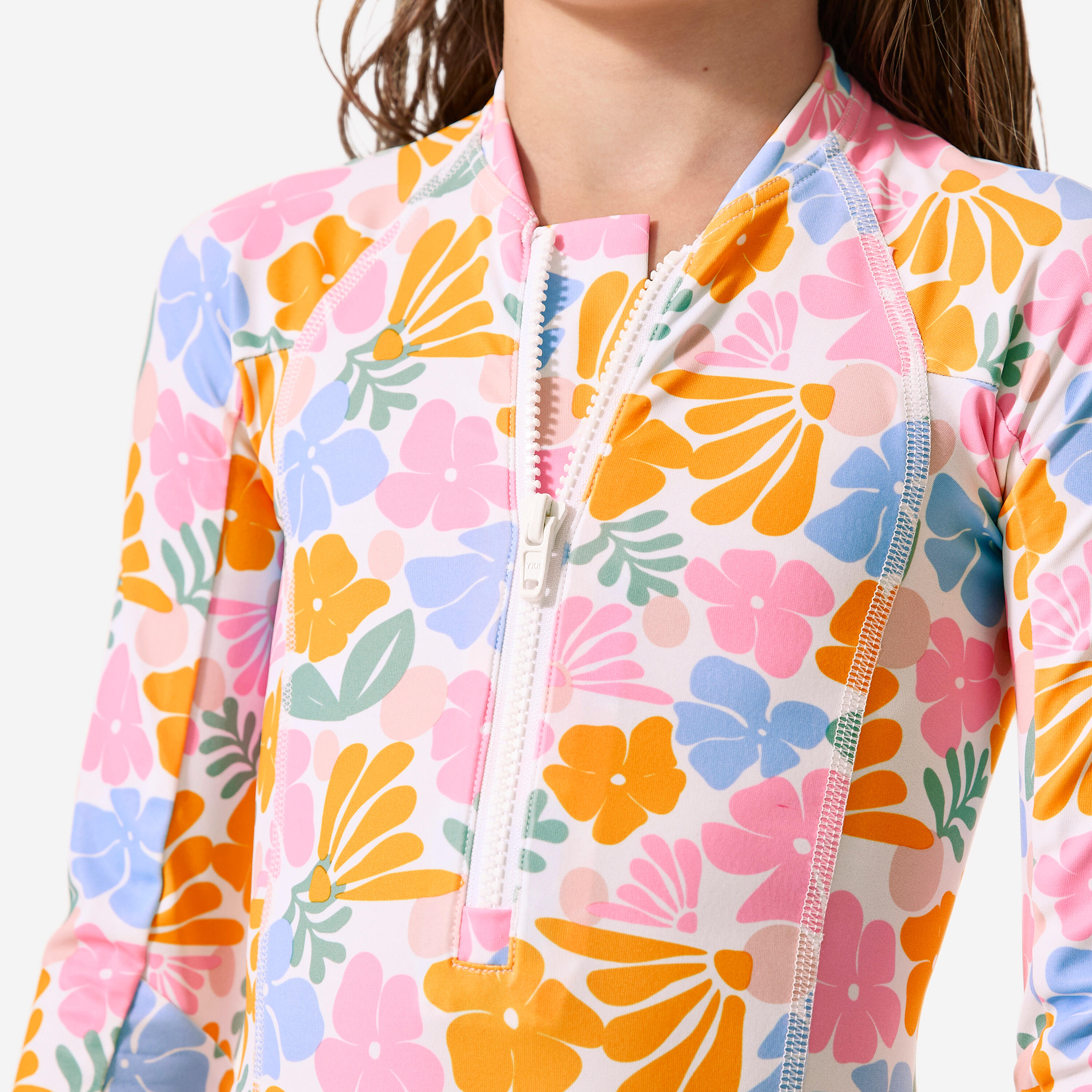 Maillot de bain surf 1 pièce manches longues anti-UV fille, Loulou vahiné blanc 6/10