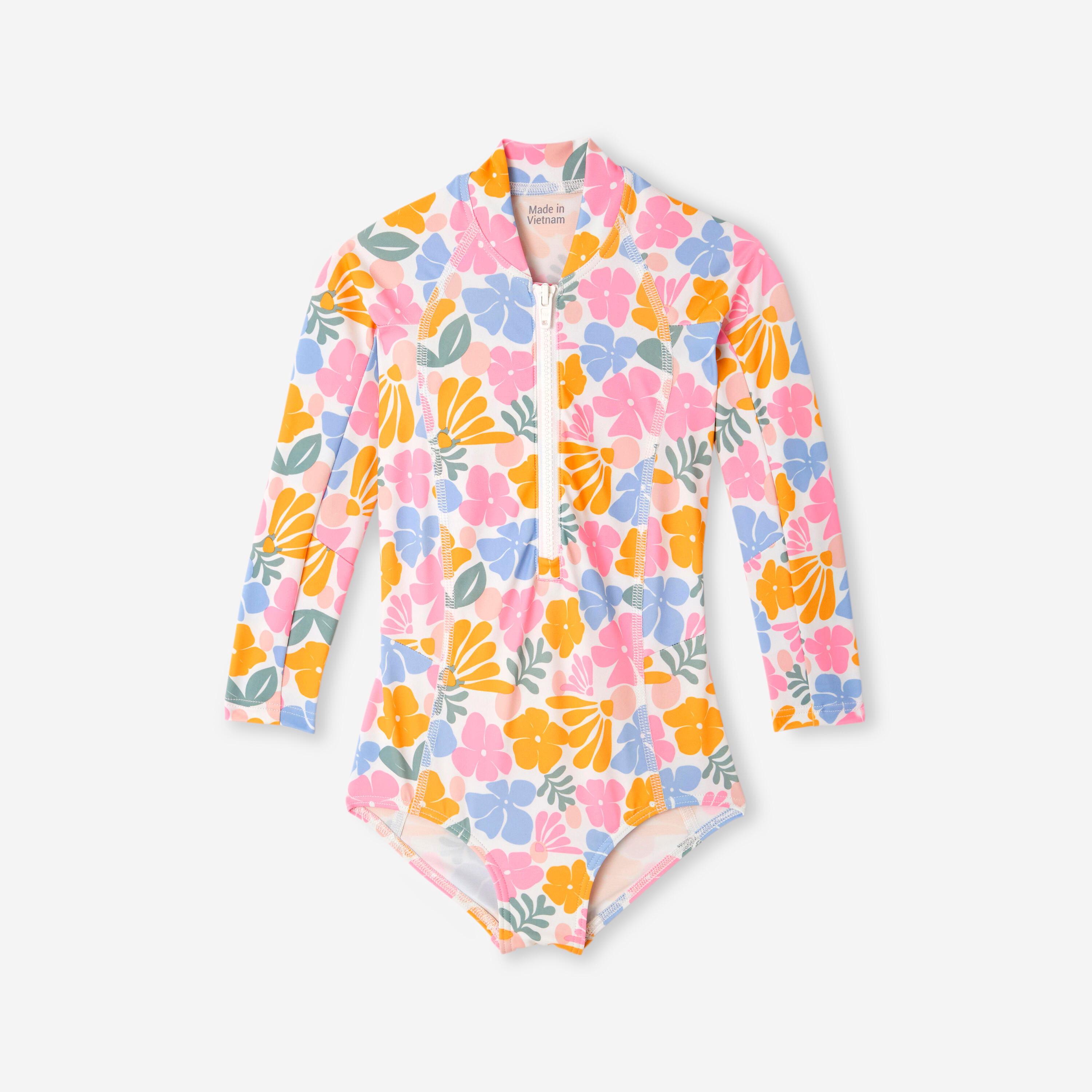 Maillot de bain surf 1 pièce manches longues anti-UV fille, Loulou vahiné blanc 8/10