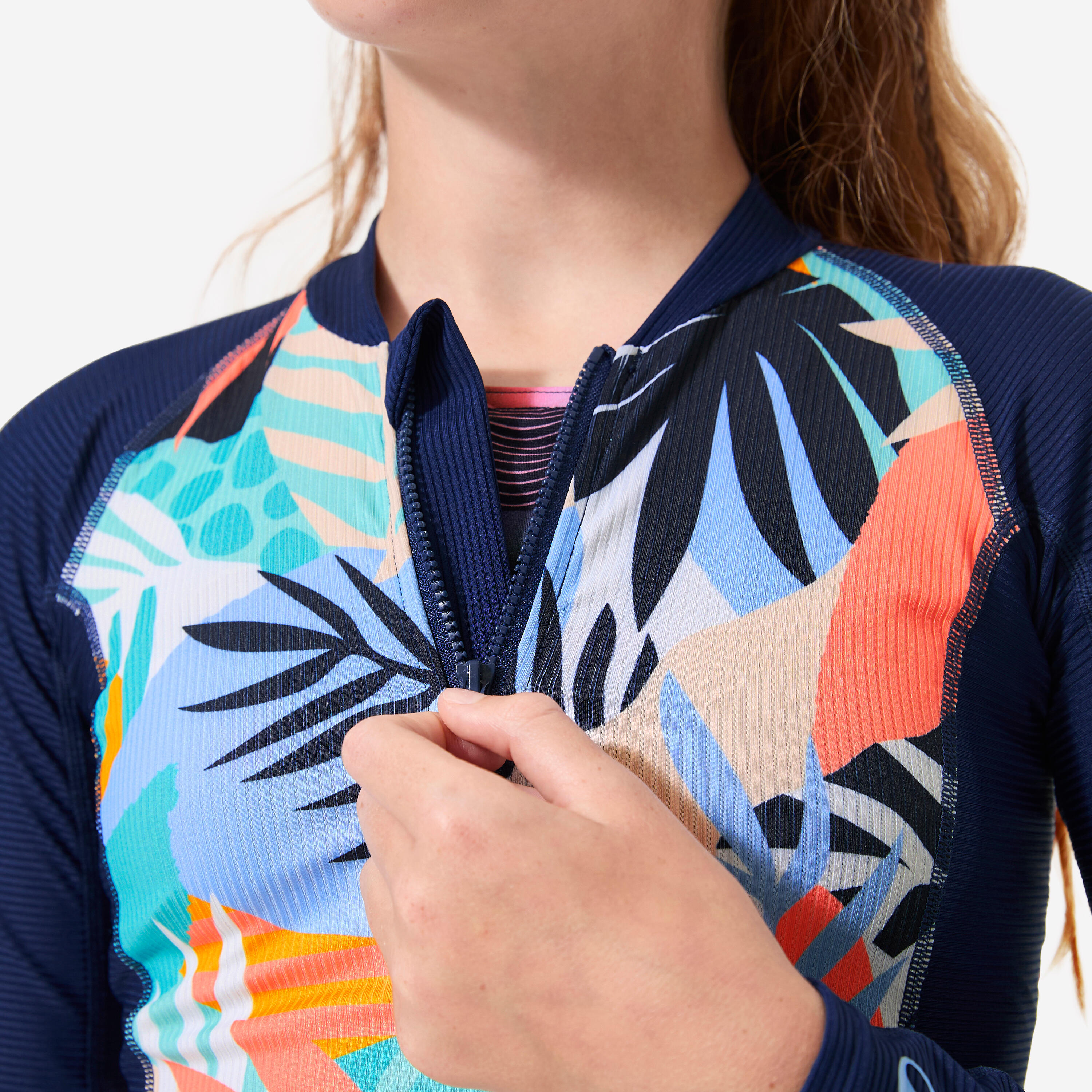 Top anti-uv surf manches longues zip fille, Palmy bleu marine 8/10