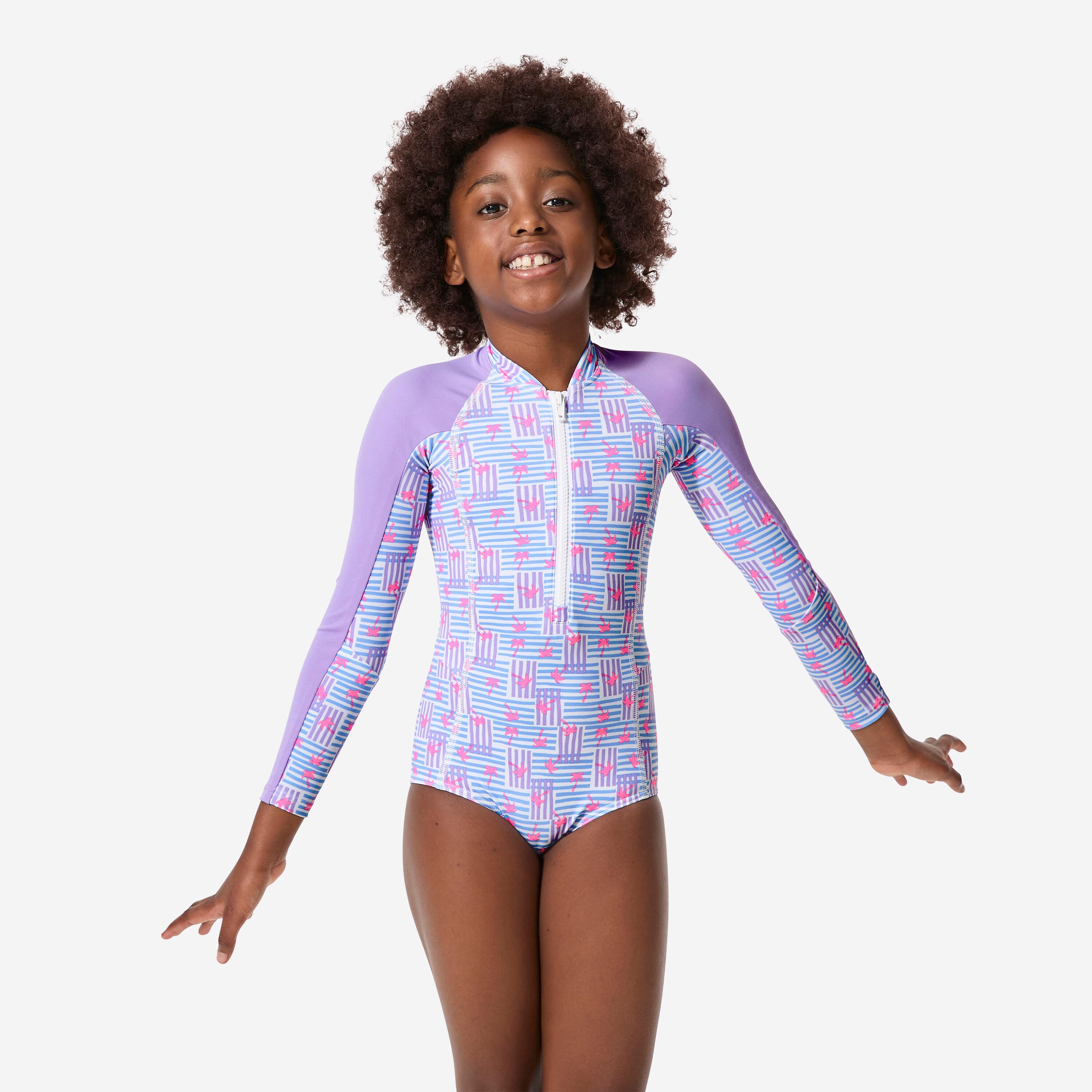 Girls’ surfing long sleeve UV-protection 1-piece swimsuit, Loulou stripes mauve