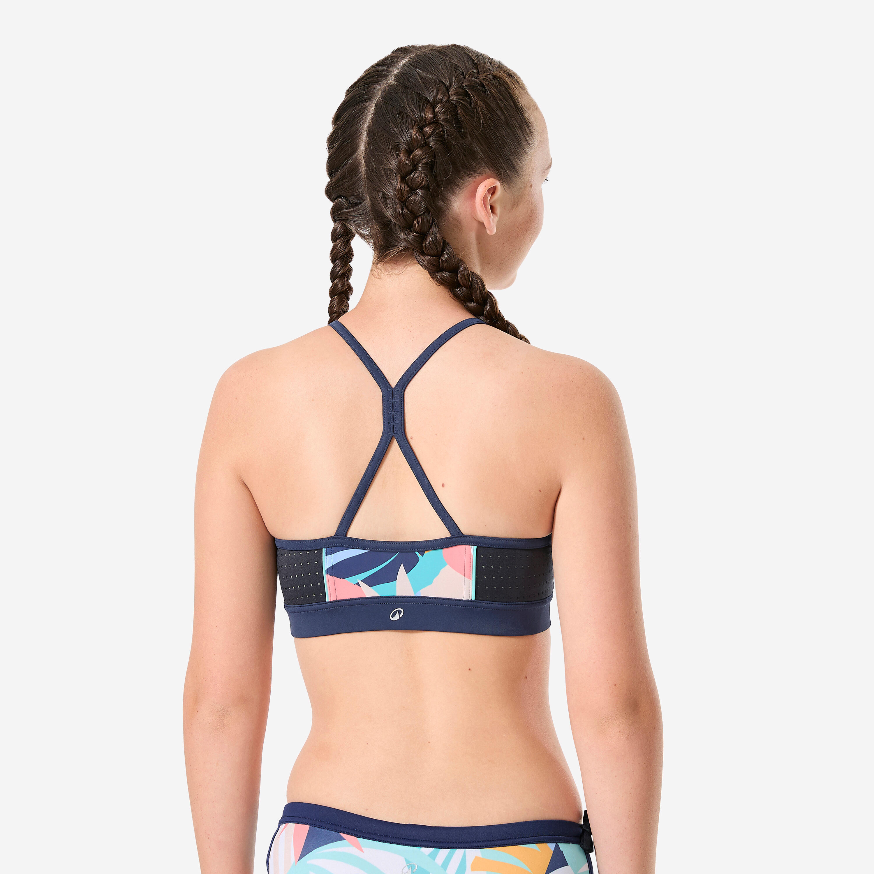 Haut de maillot de bain surf brassière fille, 900 Baha Palmy bleu 4/8