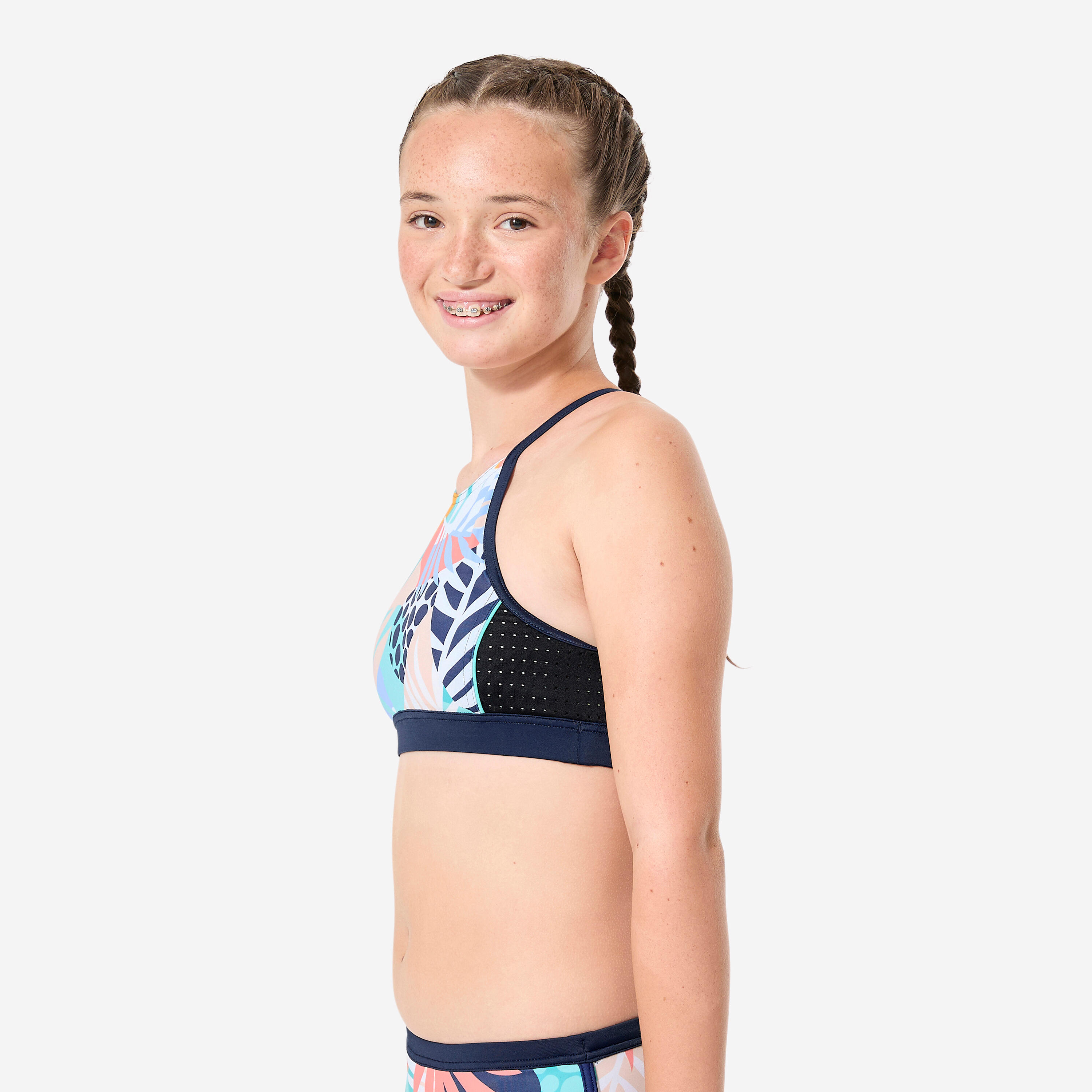 Haut de maillot de bain surf brassière fille, 900 Baha Palmy bleu 3/8