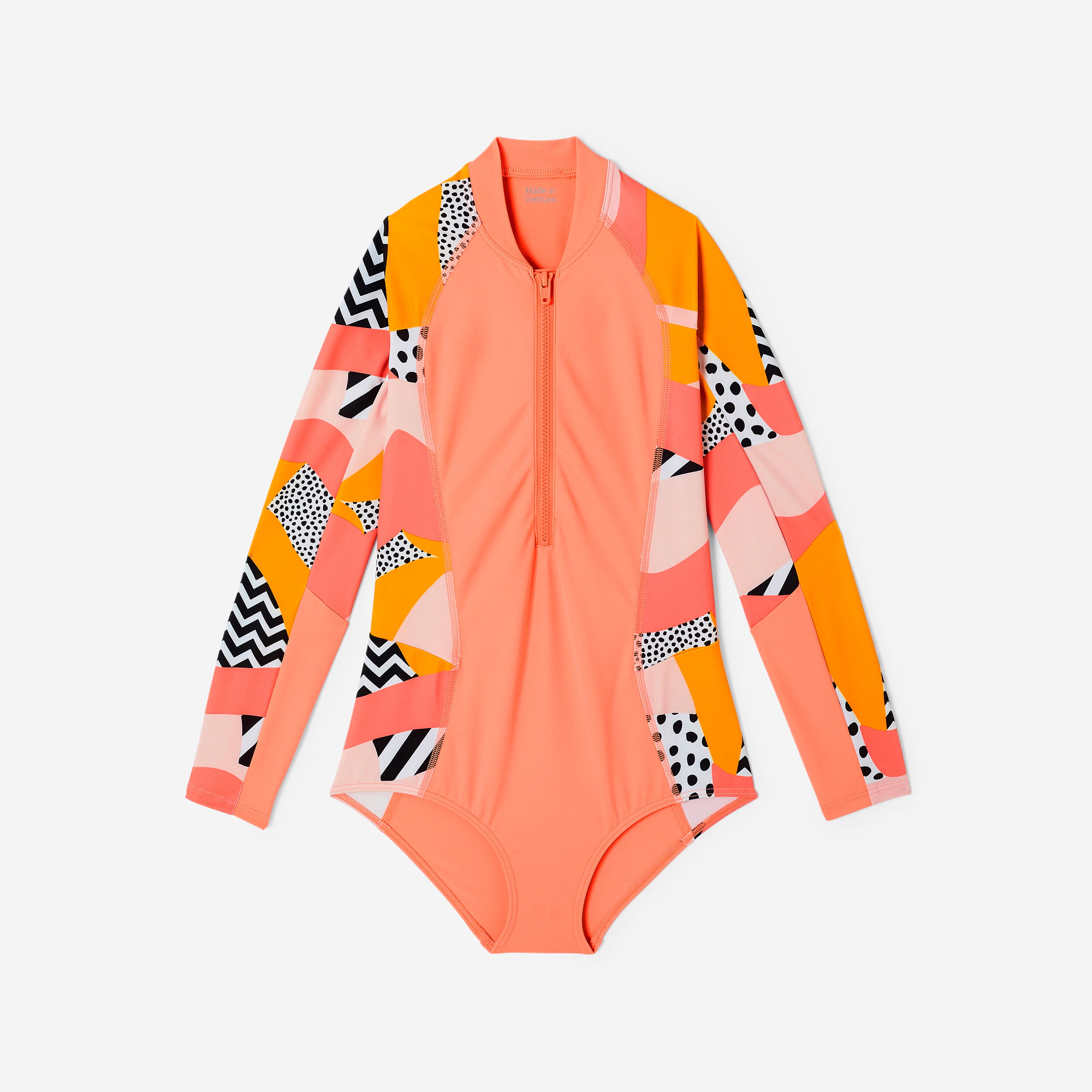 Maillot de bain une pièce surf manches longues zip avant fille, Lucy Holy orange 8/10