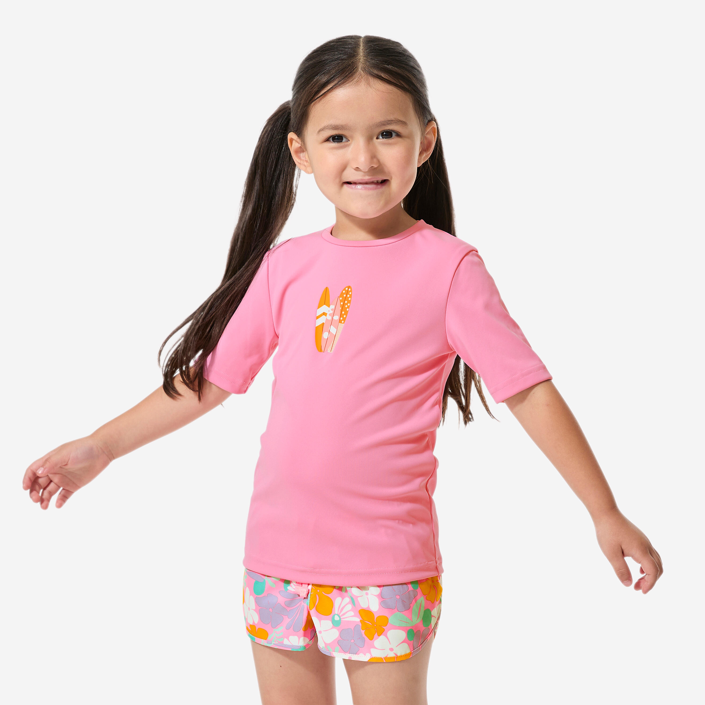 Kids’ surfing UV-protection t-shirt - 100 Love sea pink