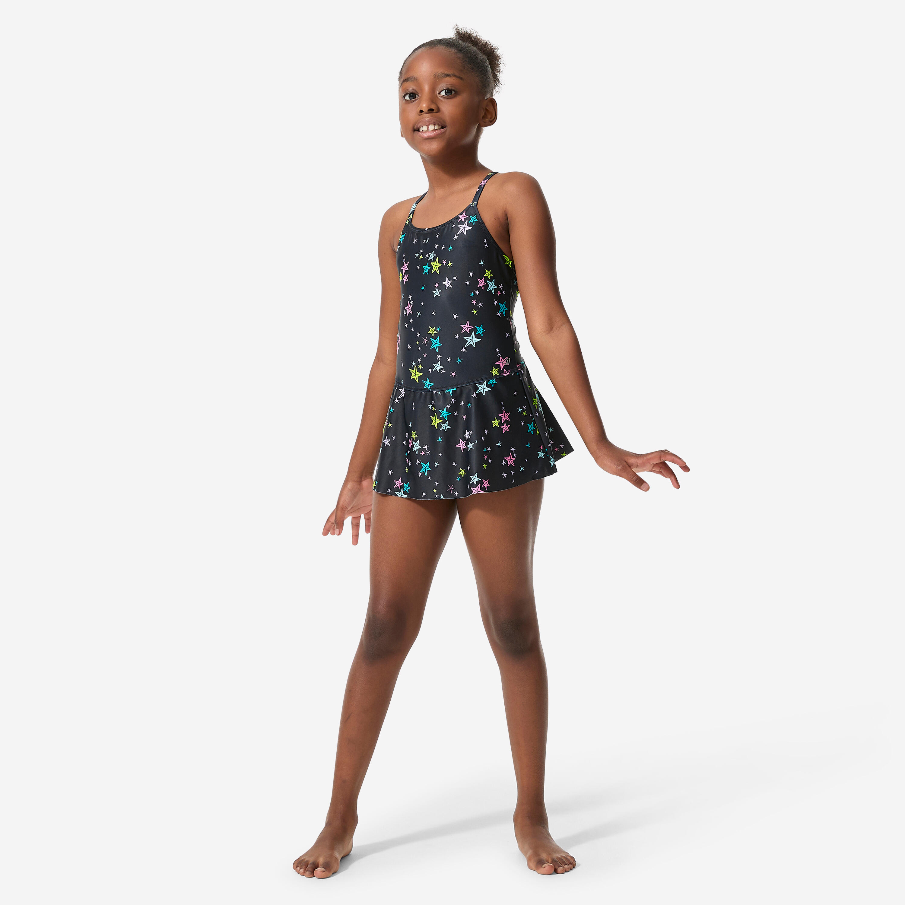 Badeanzug zum Schwimmen mit Röckchen für Mädchen Kinder, lila star schwarz 3/14