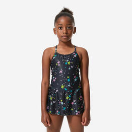 Maillot de bain 1 pièce natation jupette Fille enfant, Lila star noir