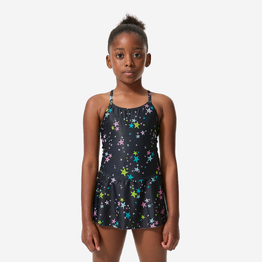 Maillot de bain 1 pièce natation jupette Fille enfant, Lila star noir