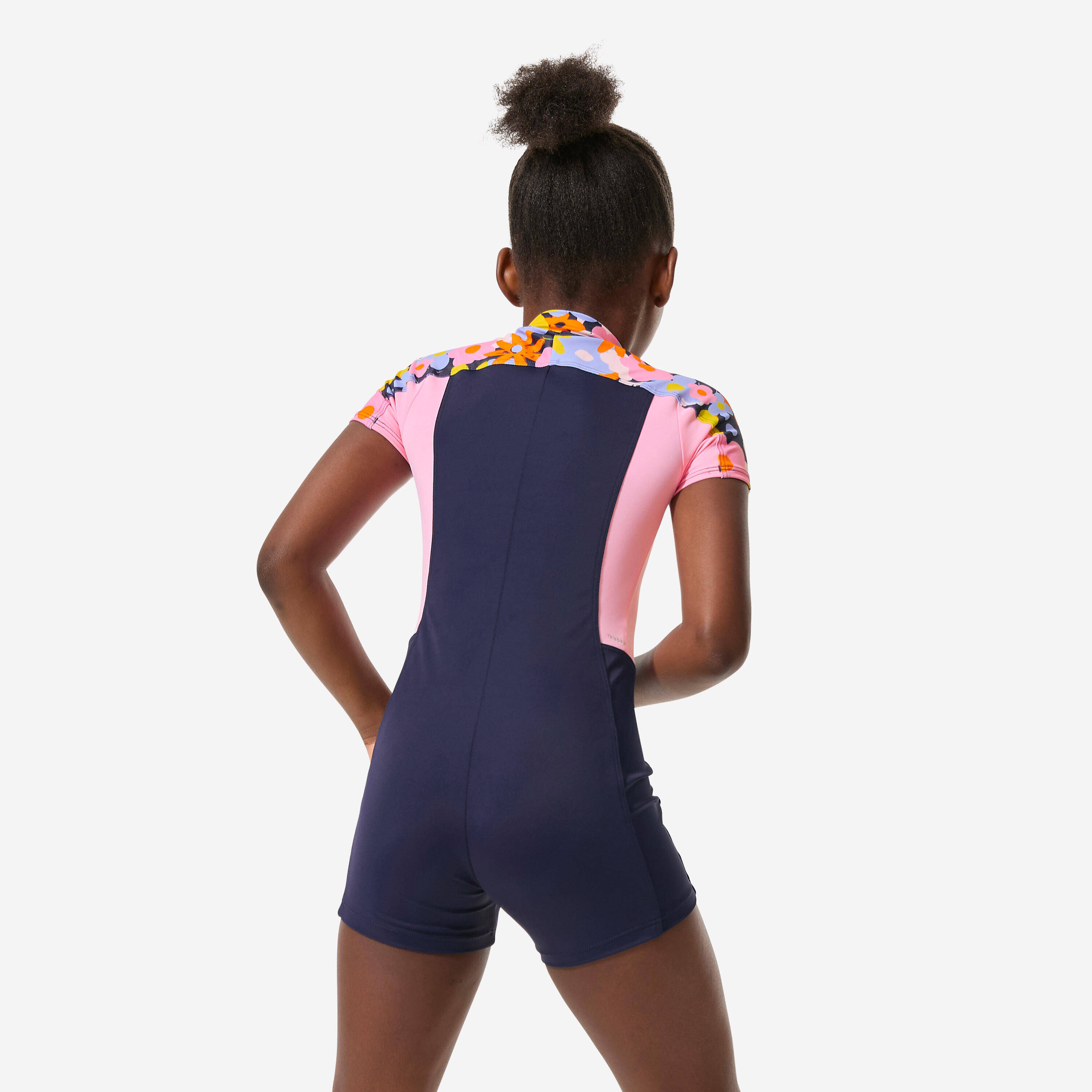 Young girls’ swimming shorty full-body swimsuit, Una lys navy -  4