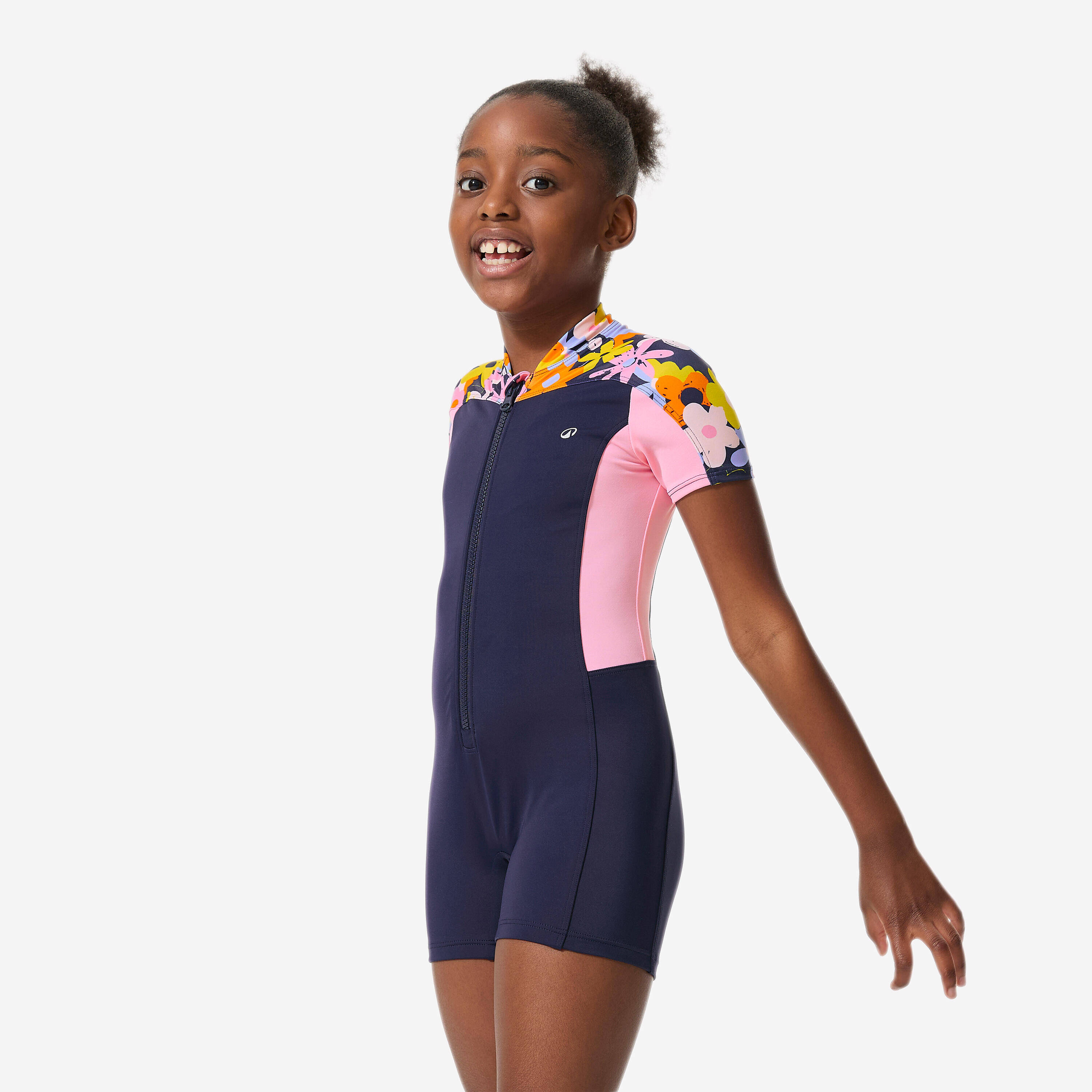 Young girls’ swimming shorty full-body swimsuit, Una lys navy -  5