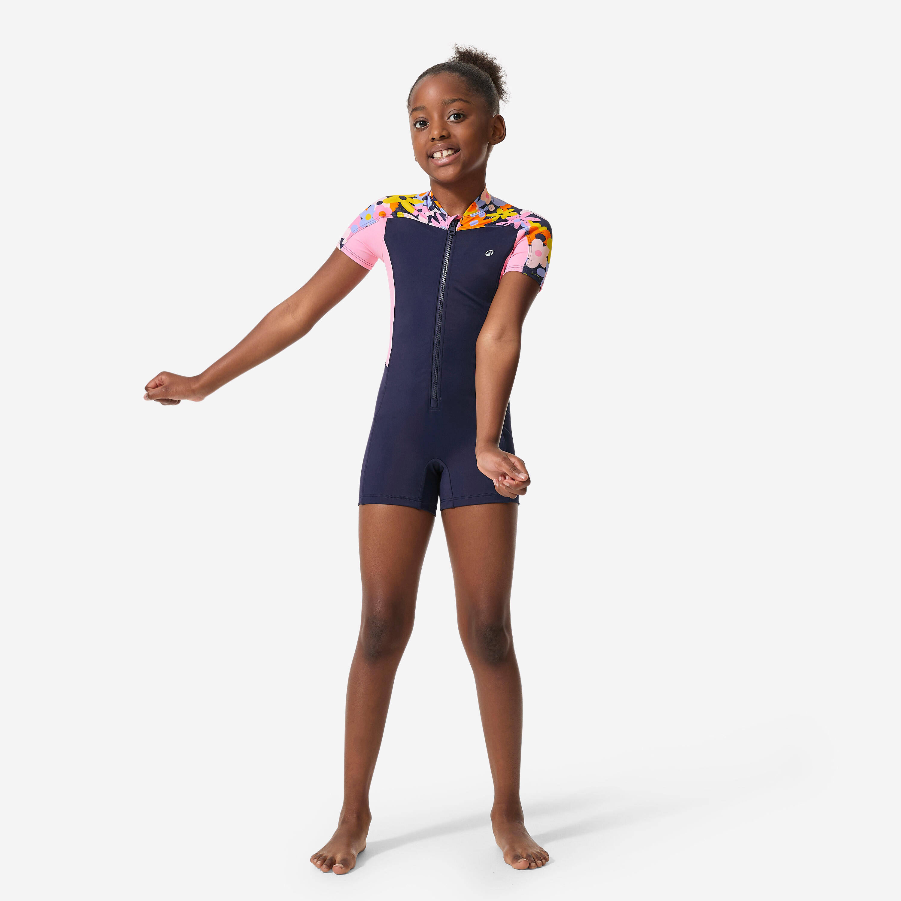 Young girls’ swimming shorty full-body swimsuit, Una lys navy -  3
