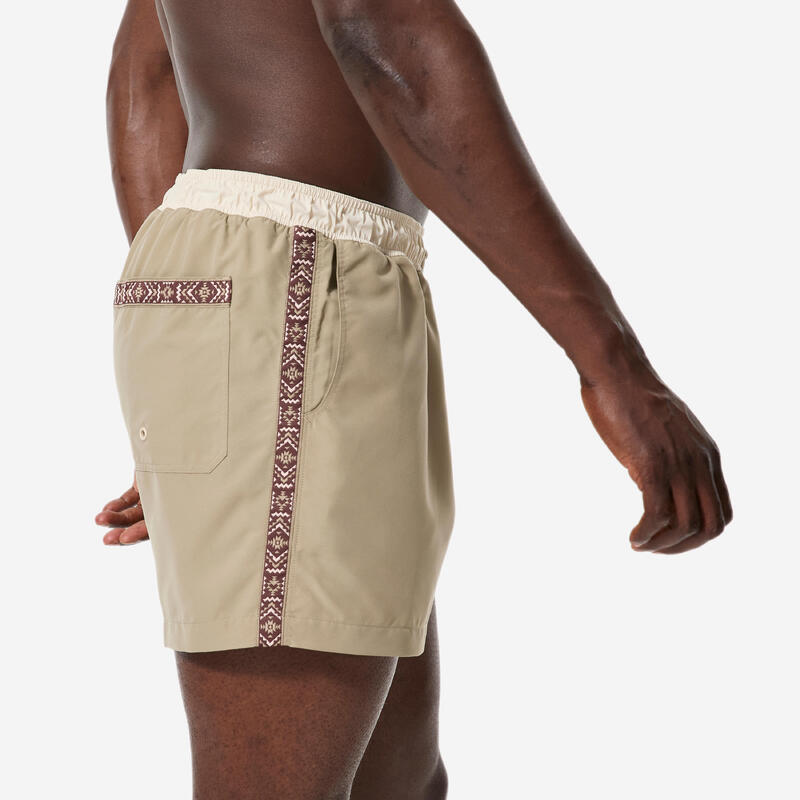Șort de baie scurt Boardshort surf 15" 100 Géo retro Bej Bărbați