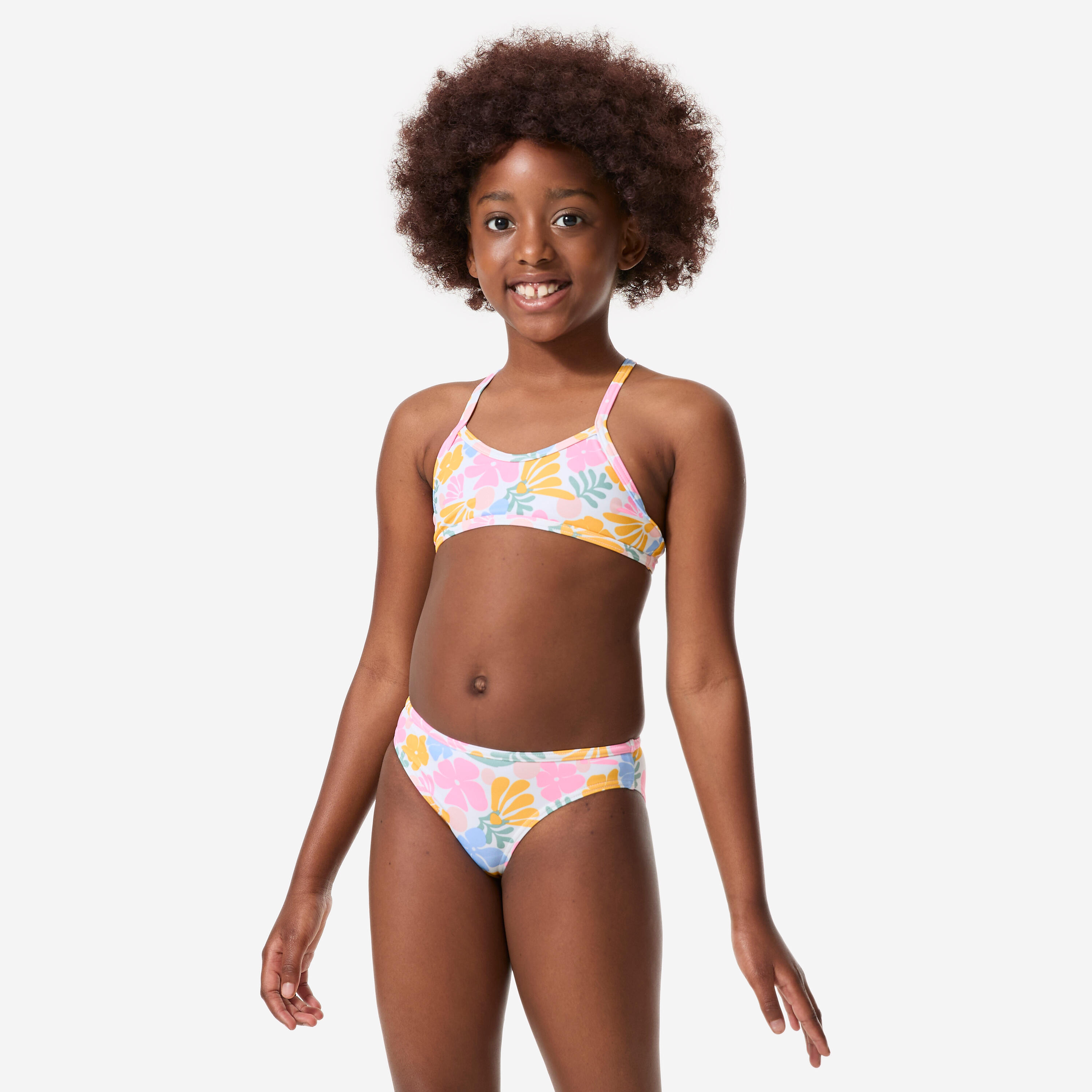 Girls’ surfing 2-piece swimsuit with crossed straps, Boni vahine white