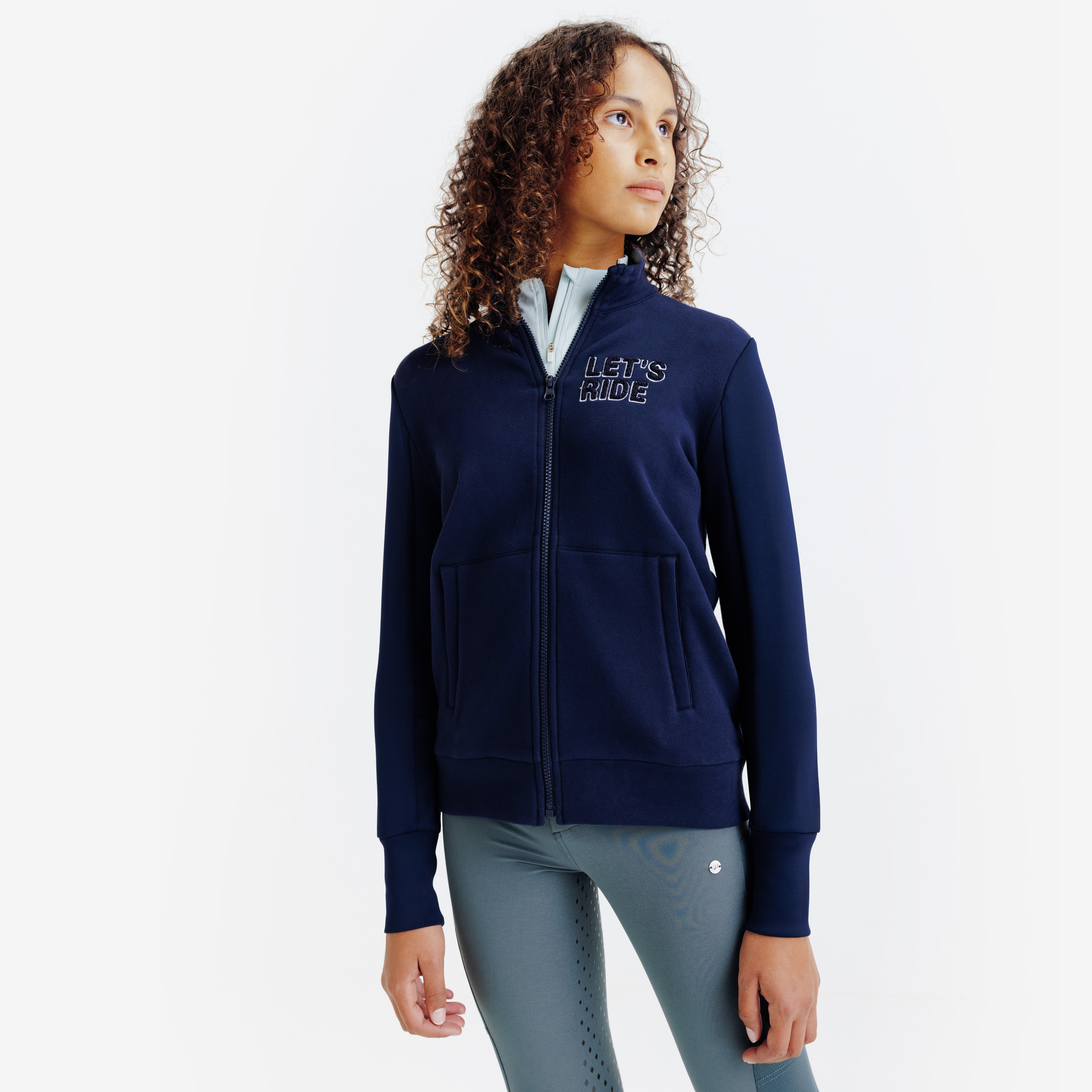 FOUGANZA Detská jazdecká mikina 500 na zips tmavomodrá 151-160 cm