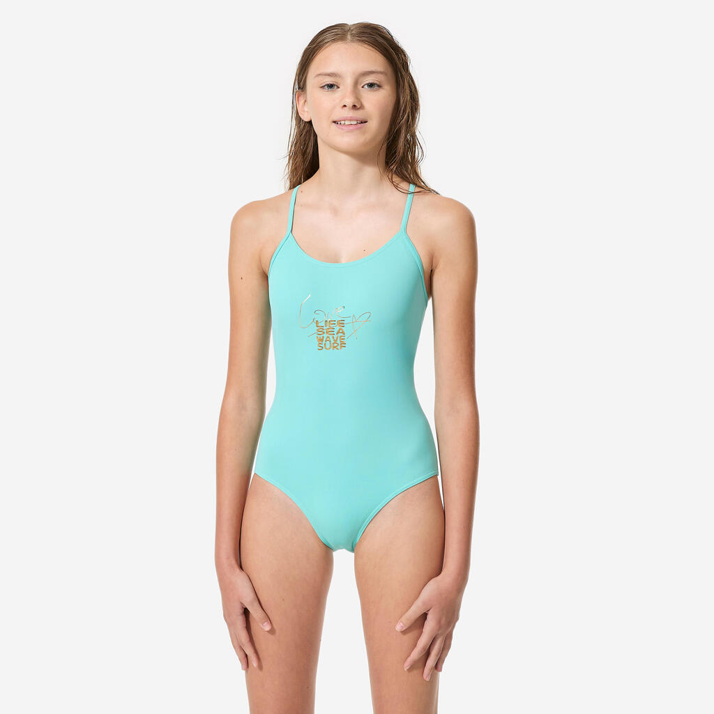 Maillot 1 pièce surf fille, Hiloe Signature vert