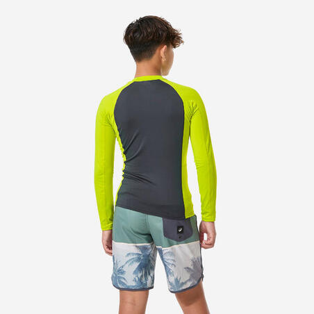 Футболка сонцезахисна дитяча 500 з довгими рукавами сіра/зелена