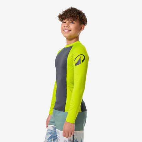 Футболка сонцезахисна дитяча 500 з довгими рукавами сіра/зелена