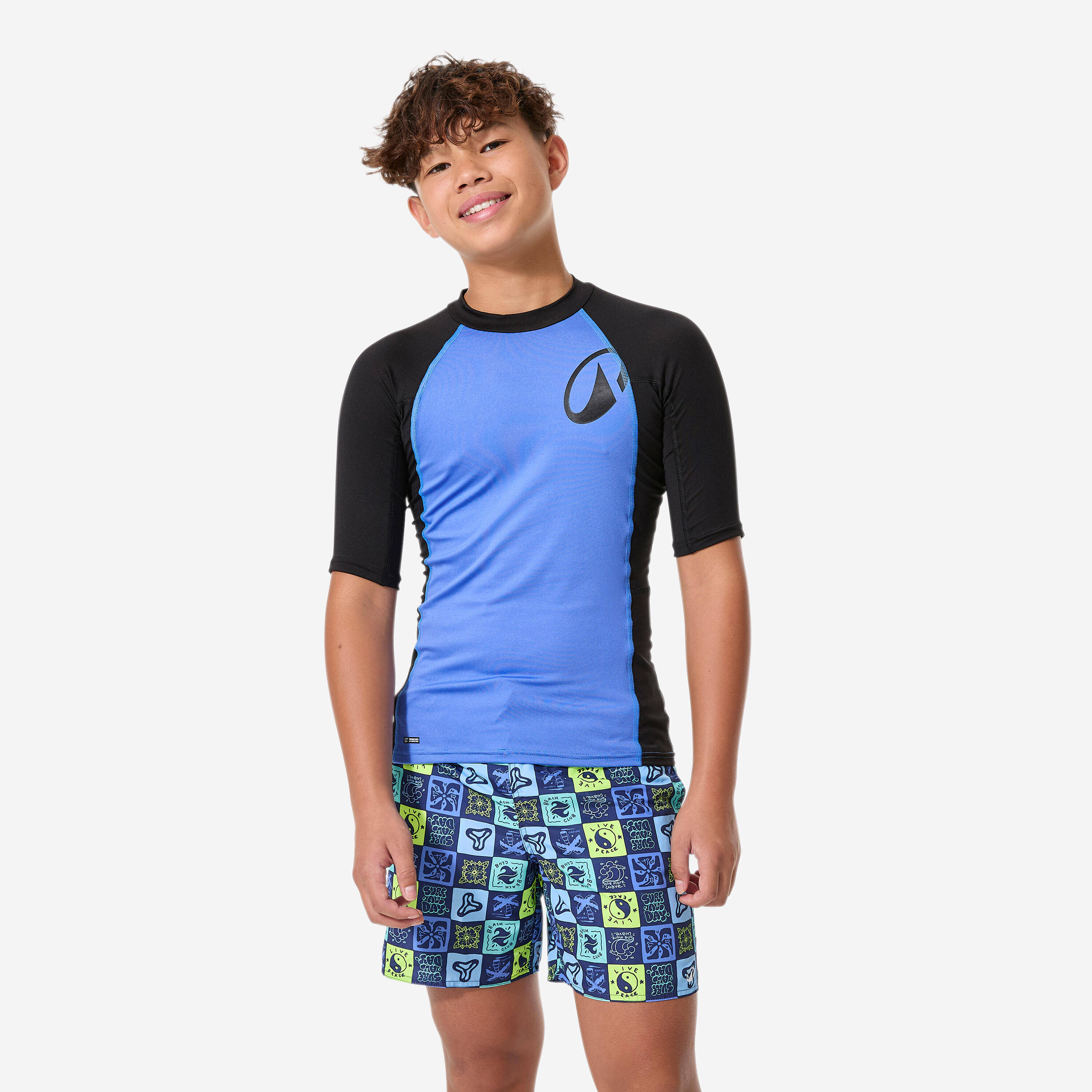 Boys’ surfing short sleeve UV-protection top, 500 black and blue -  1
