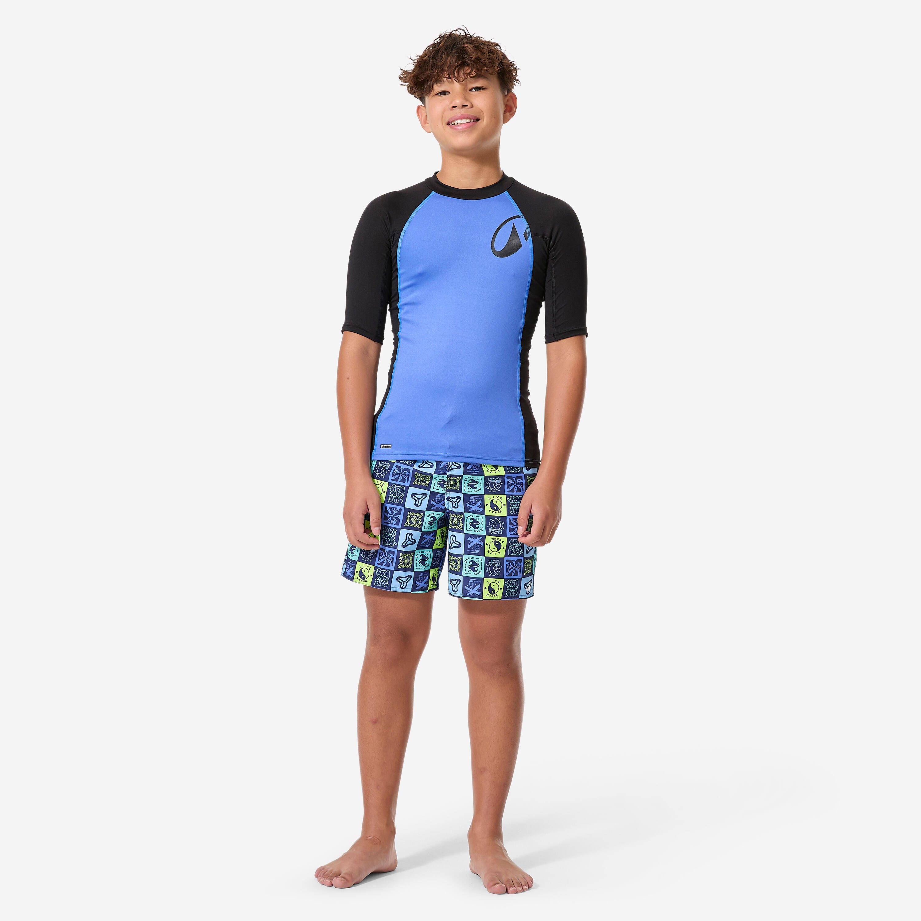 Boys’ surfing short sleeve UV-protection top, 500 black and blue -  3
